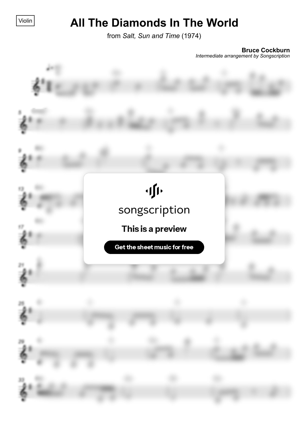 Intermediate Violin Sheet Music for "All The Diamonds In The World" by Bruce Cockburn