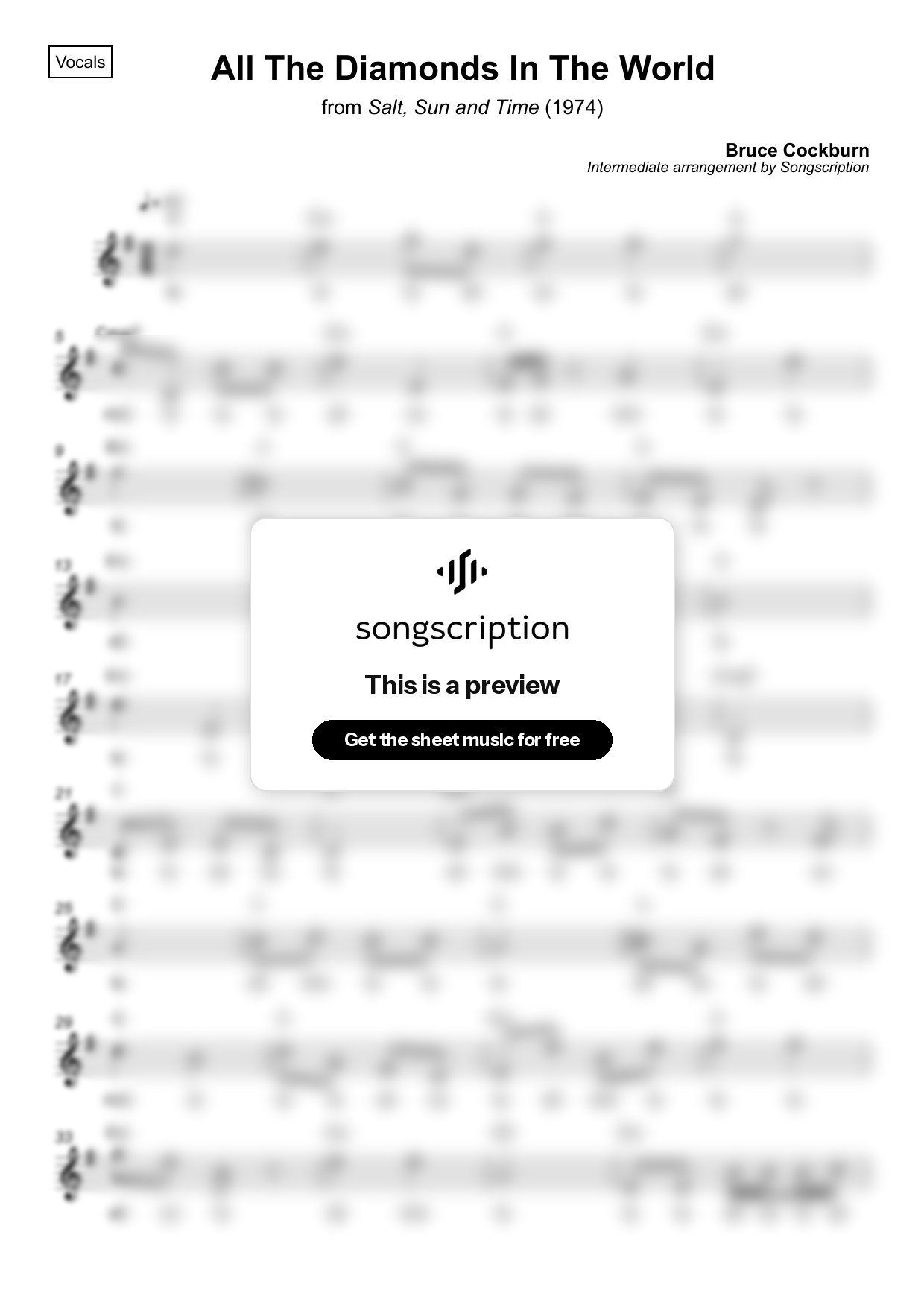 Intermediate Vocals Sheet Music for "All The Diamonds In The World" by Bruce Cockburn