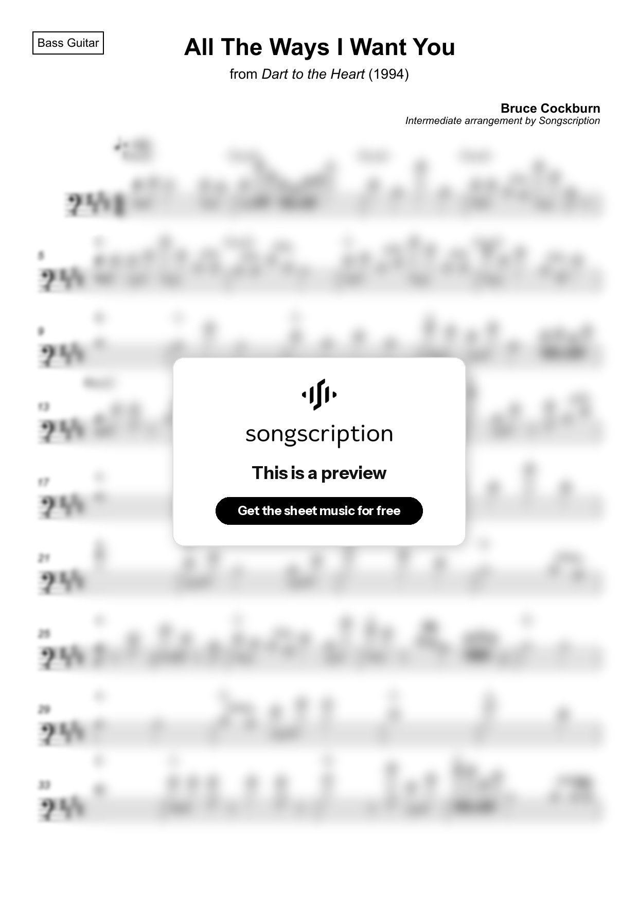 Intermediate Bass Guitar Sheet Music for "All The Ways I Want You" by Bruce Cockburn