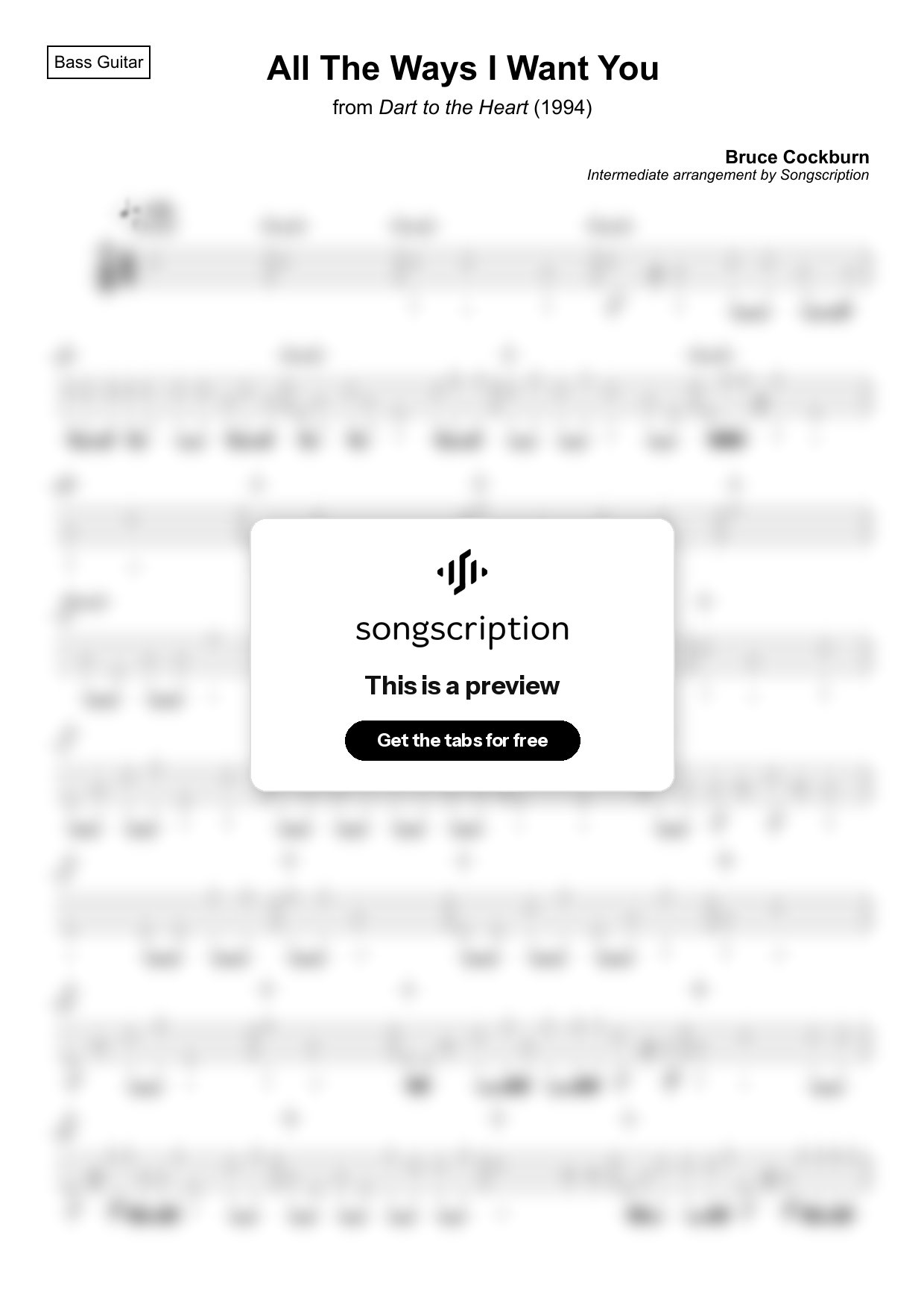 Intermediate Bass Guitar Tabs for "All The Ways I Want You" by Bruce Cockburn