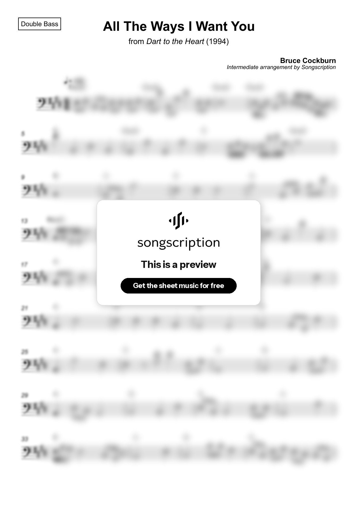Intermediate Double Bass Sheet Music for "All The Ways I Want You" by Bruce Cockburn
