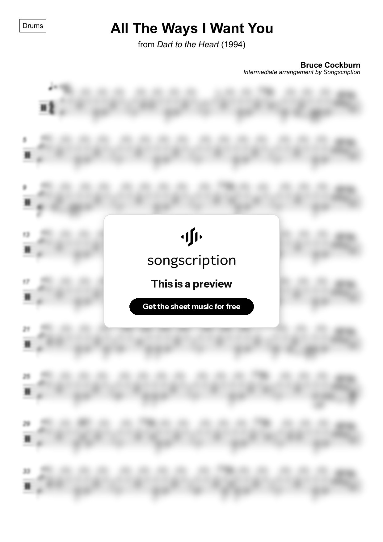 Intermediate Drums Sheet Music for "All The Ways I Want You" by Bruce Cockburn