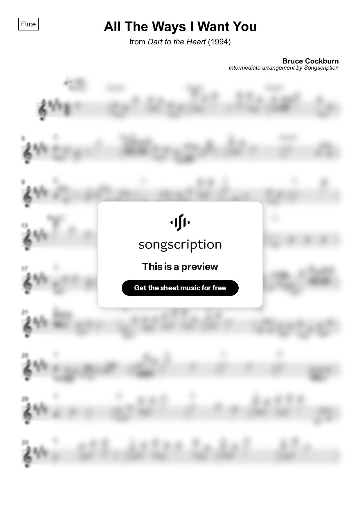 Intermediate Flute Sheet Music for "All The Ways I Want You" by Bruce Cockburn