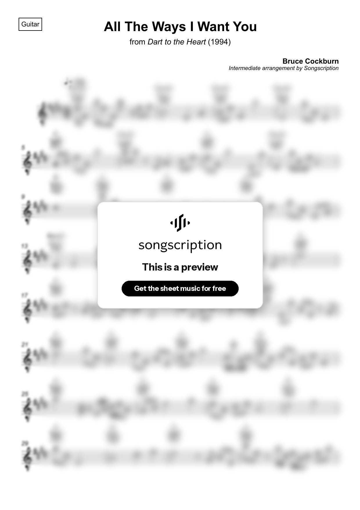 Intermediate Acoustic Guitar Sheet Music for "All The Ways I Want You" by Bruce Cockburn