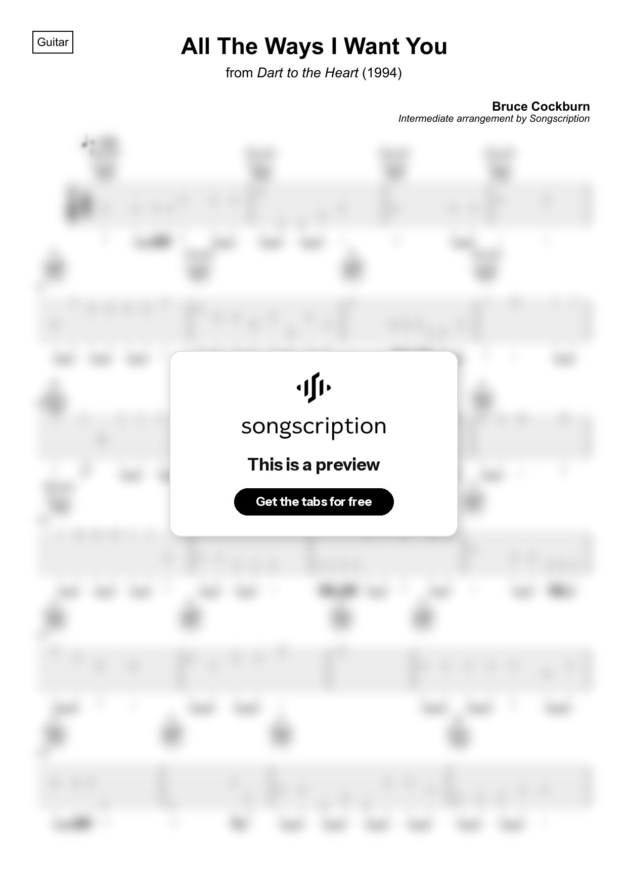 Intermediate Acoustic Guitar Tabs for "All The Ways I Want You" by Bruce Cockburn