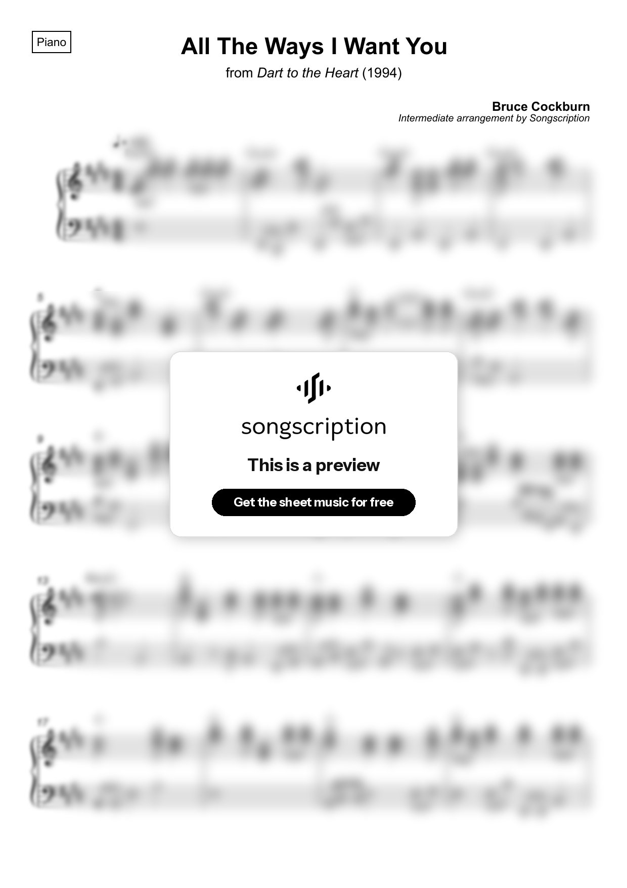 Intermediate Piano Sheet Music for "All The Ways I Want You" by Bruce Cockburn