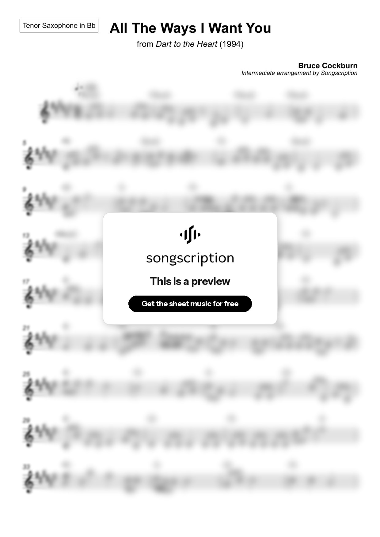 Intermediate Tenor Sax Sheet Music for "All The Ways I Want You" by Bruce Cockburn