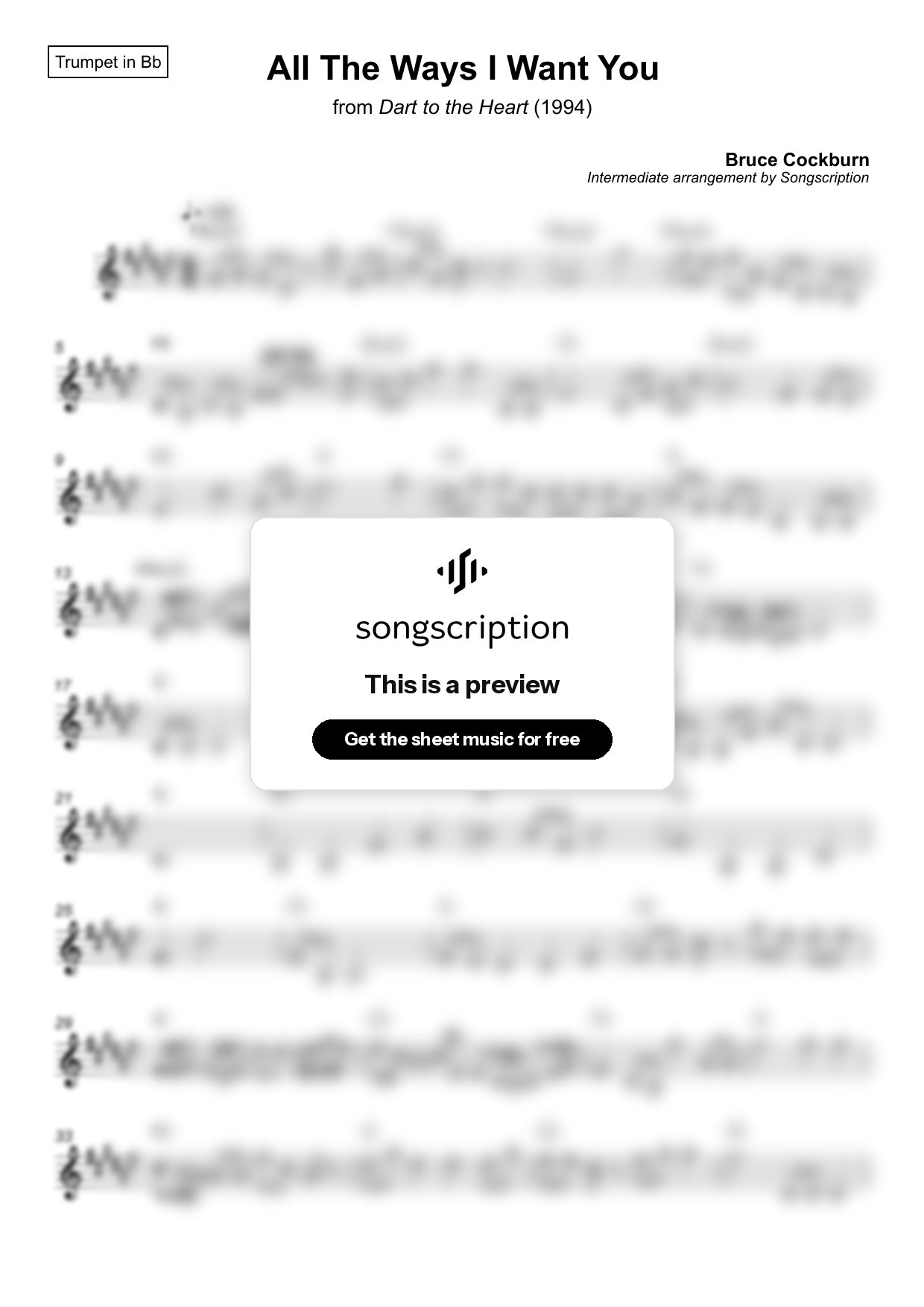 Intermediate Trumpet Sheet Music for "All The Ways I Want You" by Bruce Cockburn