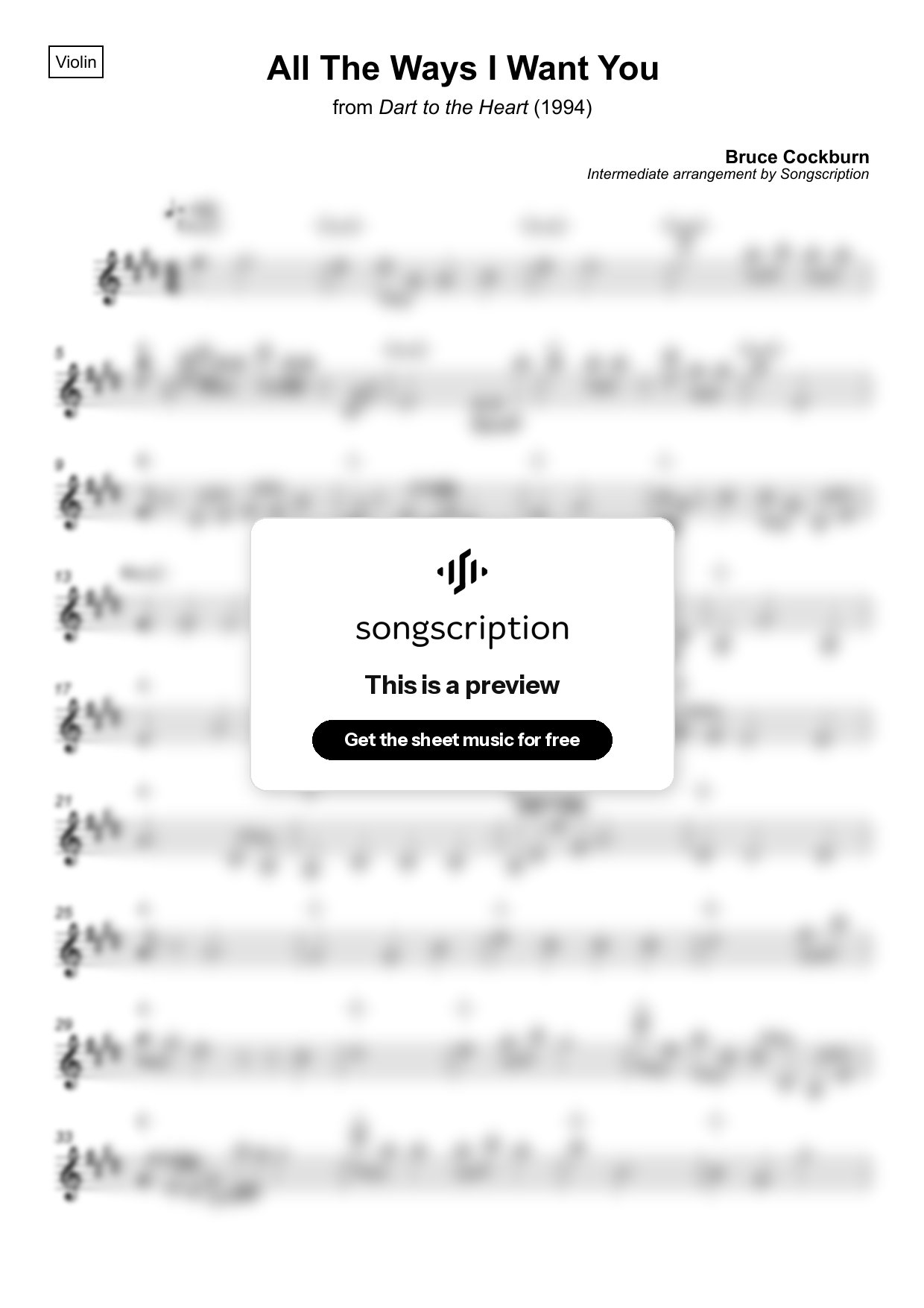 Intermediate Violin Sheet Music for "All The Ways I Want You" by Bruce Cockburn