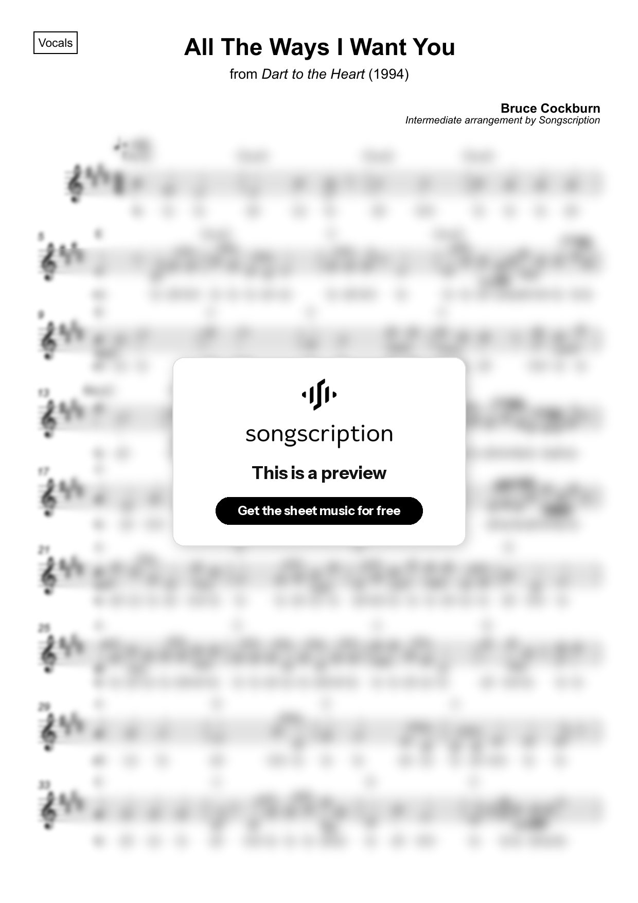 Intermediate Vocals Sheet Music for "All The Ways I Want You" by Bruce Cockburn