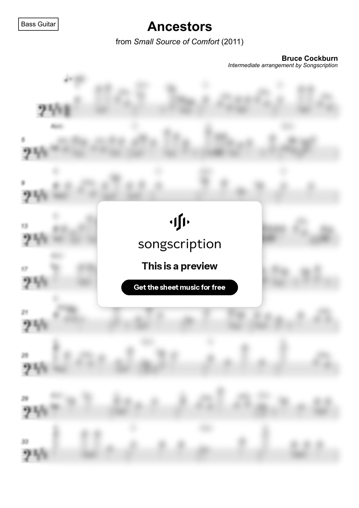 Intermediate Bass Guitar Sheet Music for "Ancestors" by Bruce Cockburn