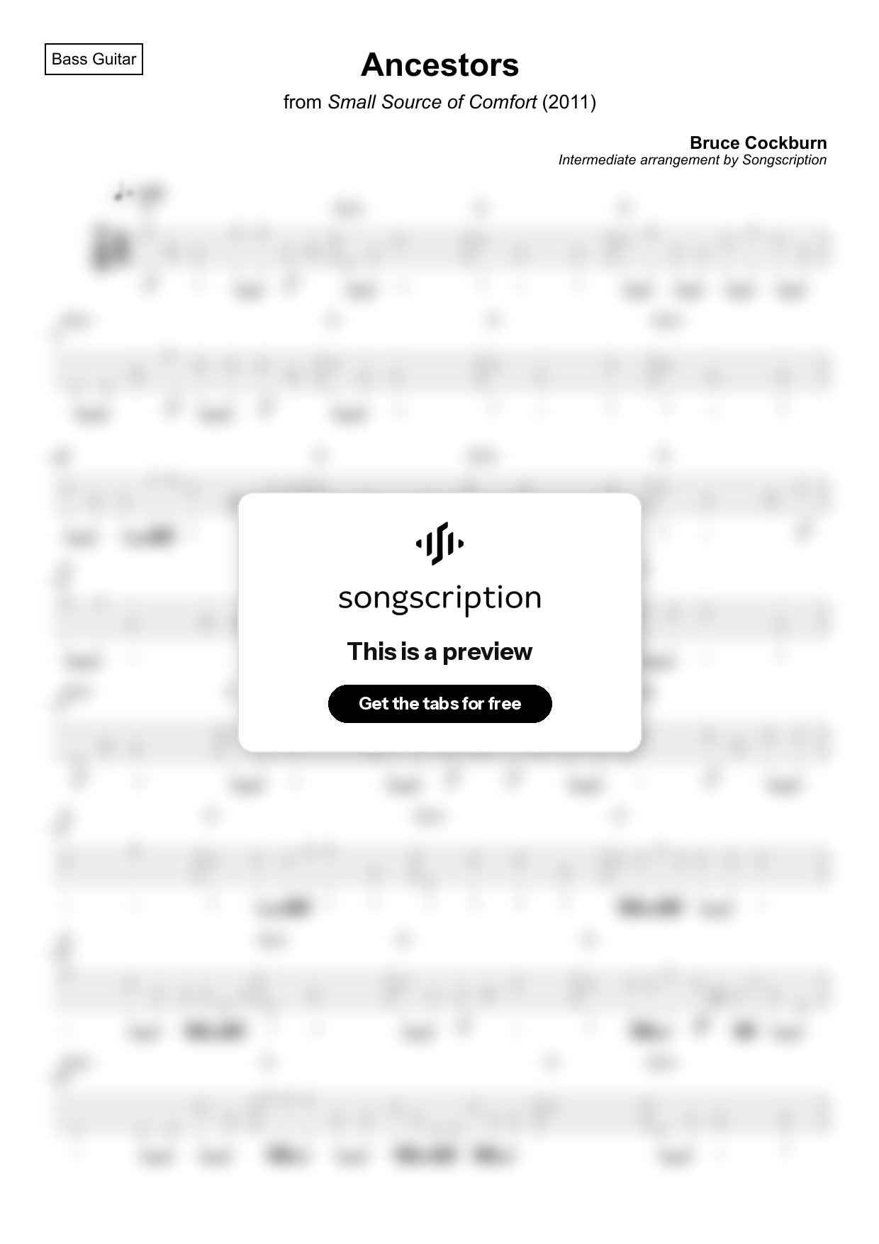 Intermediate Bass Guitar Tabs for "Ancestors" by Bruce Cockburn