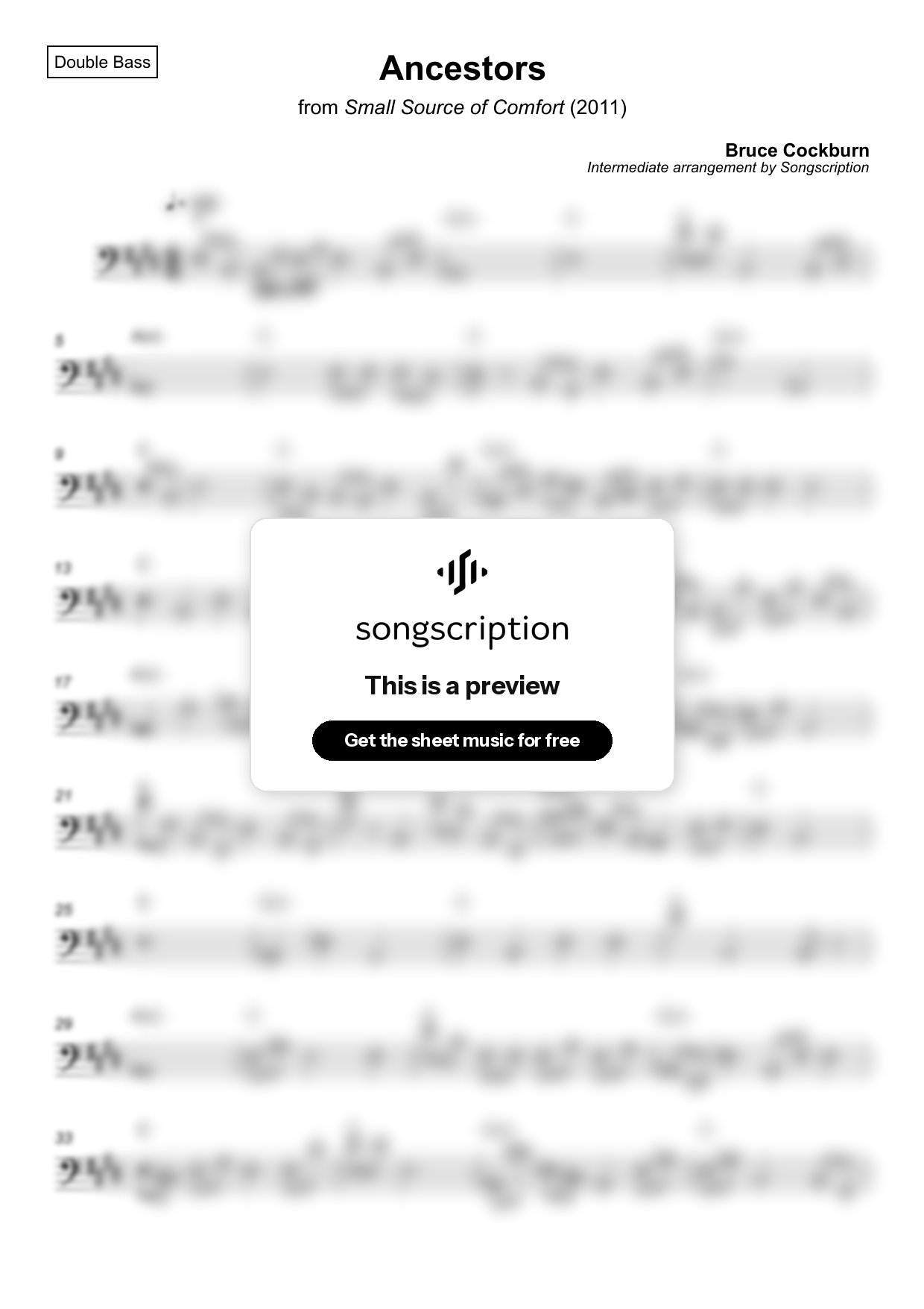 Intermediate Double Bass Sheet Music for "Ancestors" by Bruce Cockburn