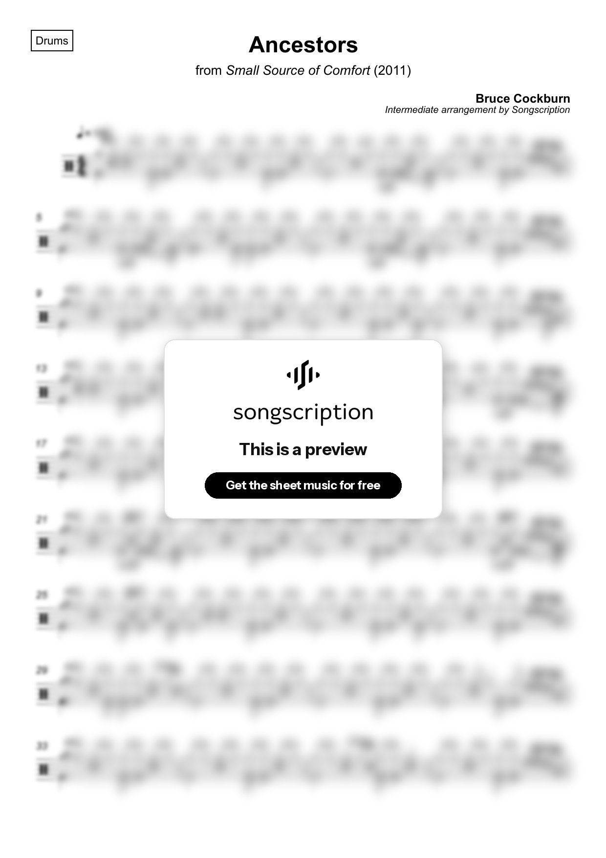 Intermediate Drums Sheet Music for "Ancestors" by Bruce Cockburn