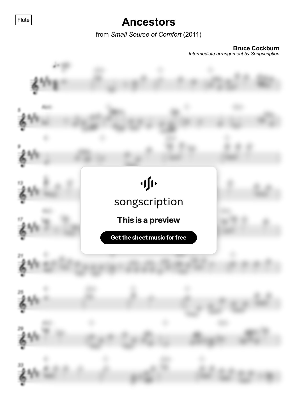 Intermediate Flute Sheet Music for "Ancestors" by Bruce Cockburn