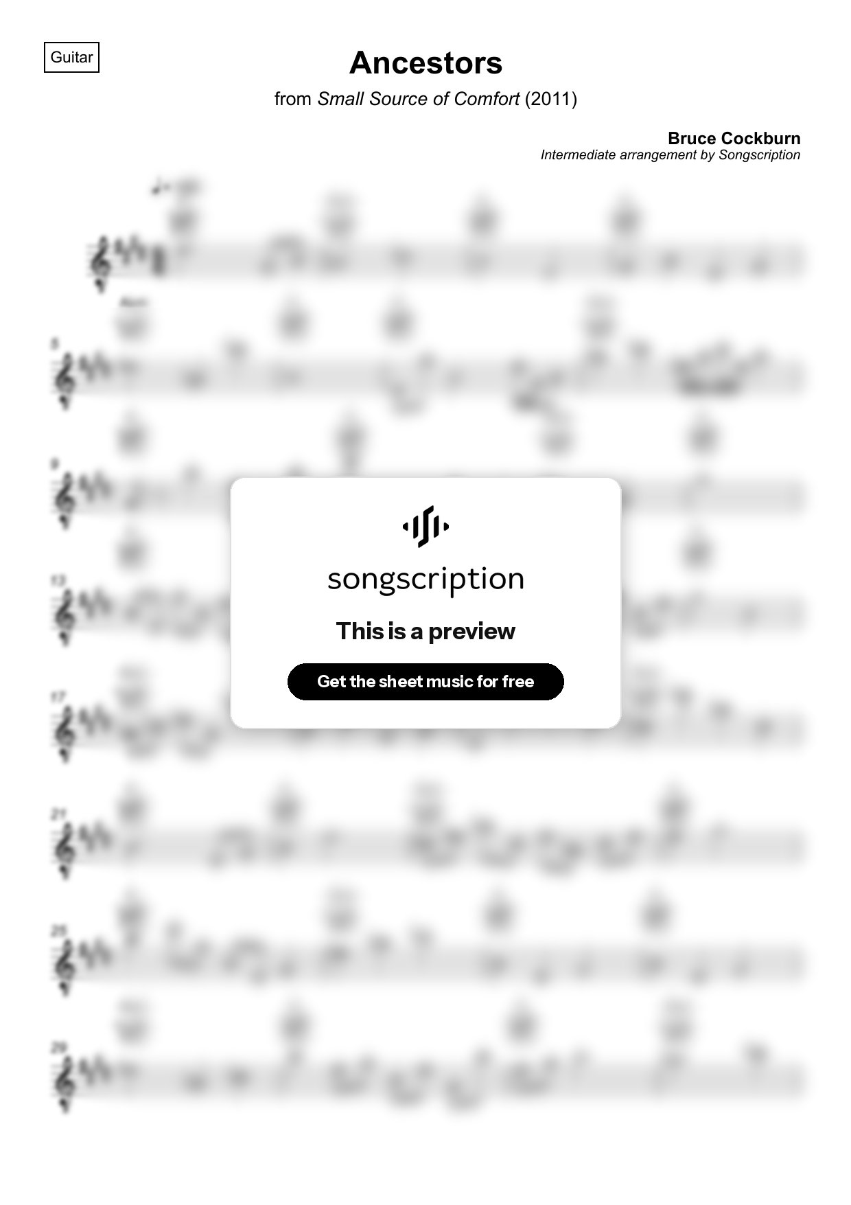 Intermediate Acoustic Guitar Sheet Music for "Ancestors" by Bruce Cockburn