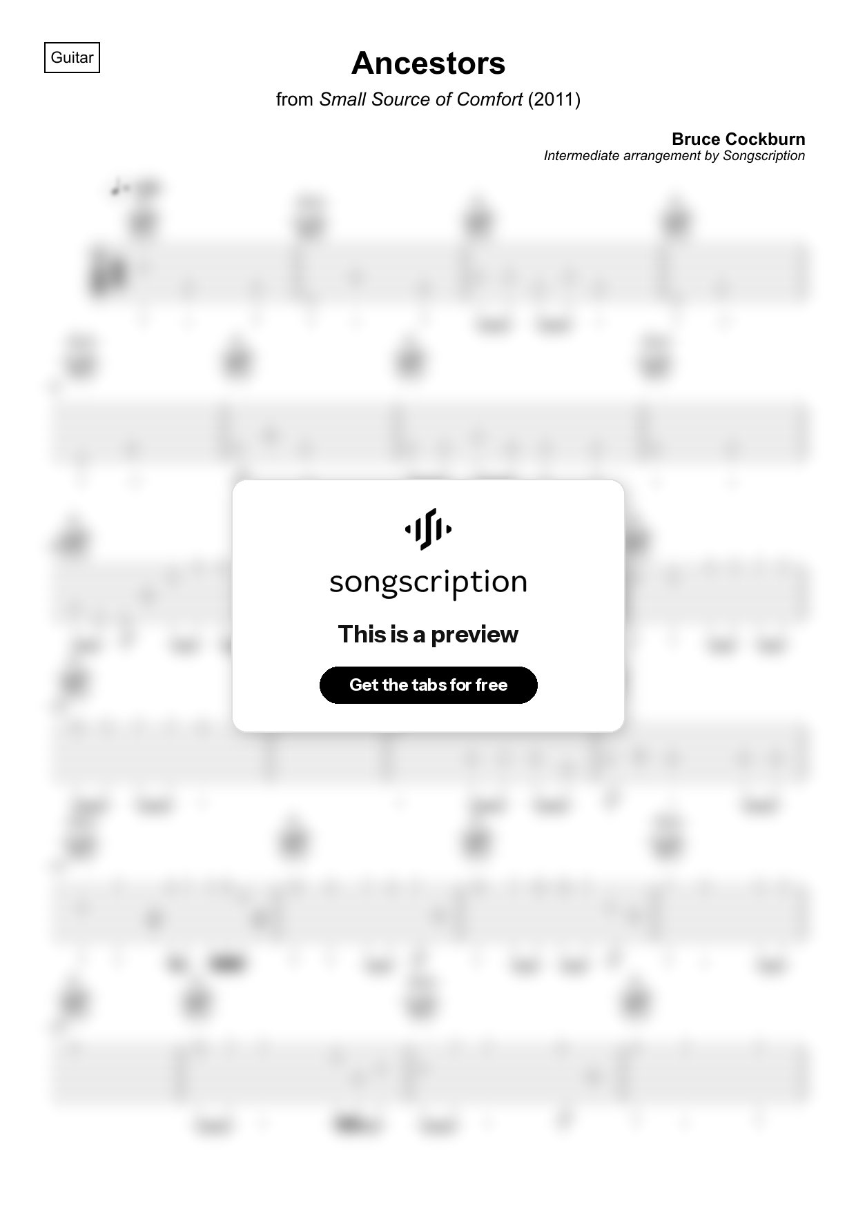 Intermediate Acoustic Guitar Tabs for "Ancestors" by Bruce Cockburn