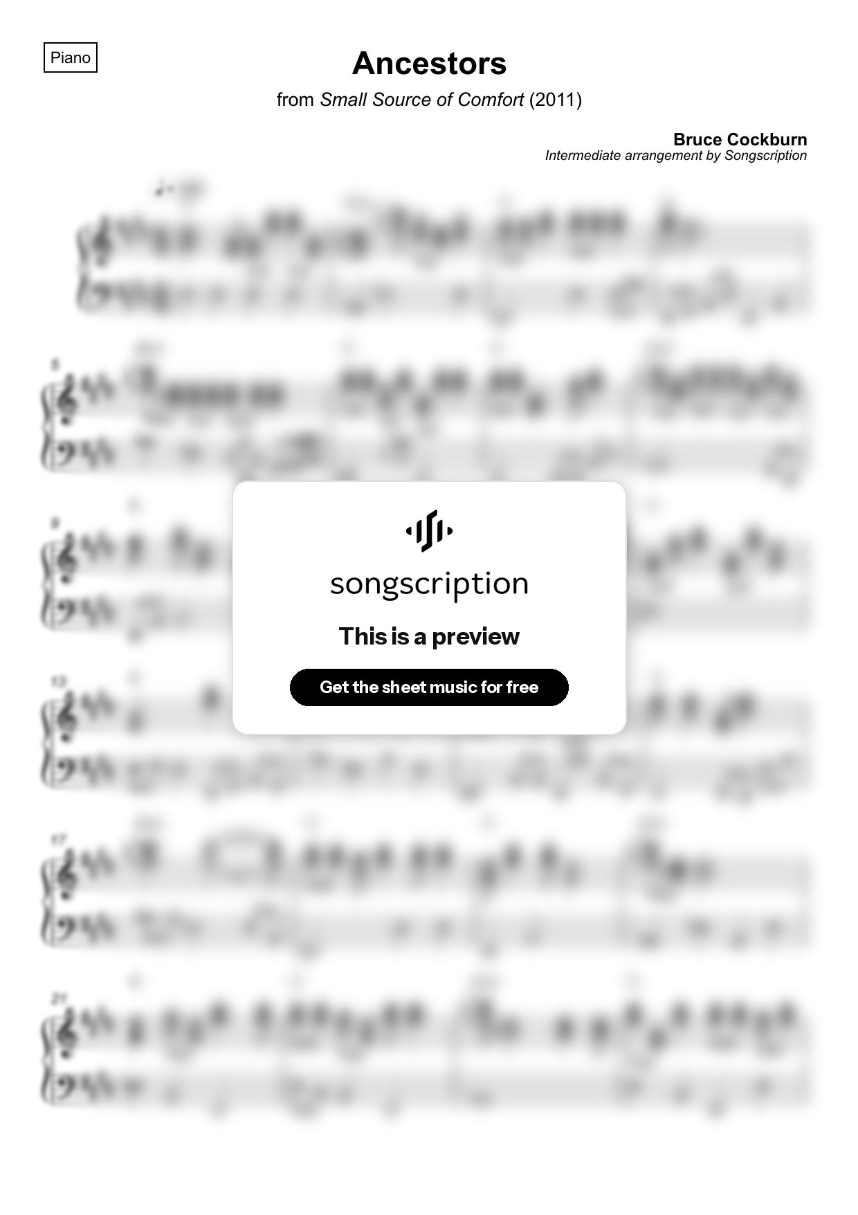 Intermediate Piano Sheet Music for "Ancestors" by Bruce Cockburn