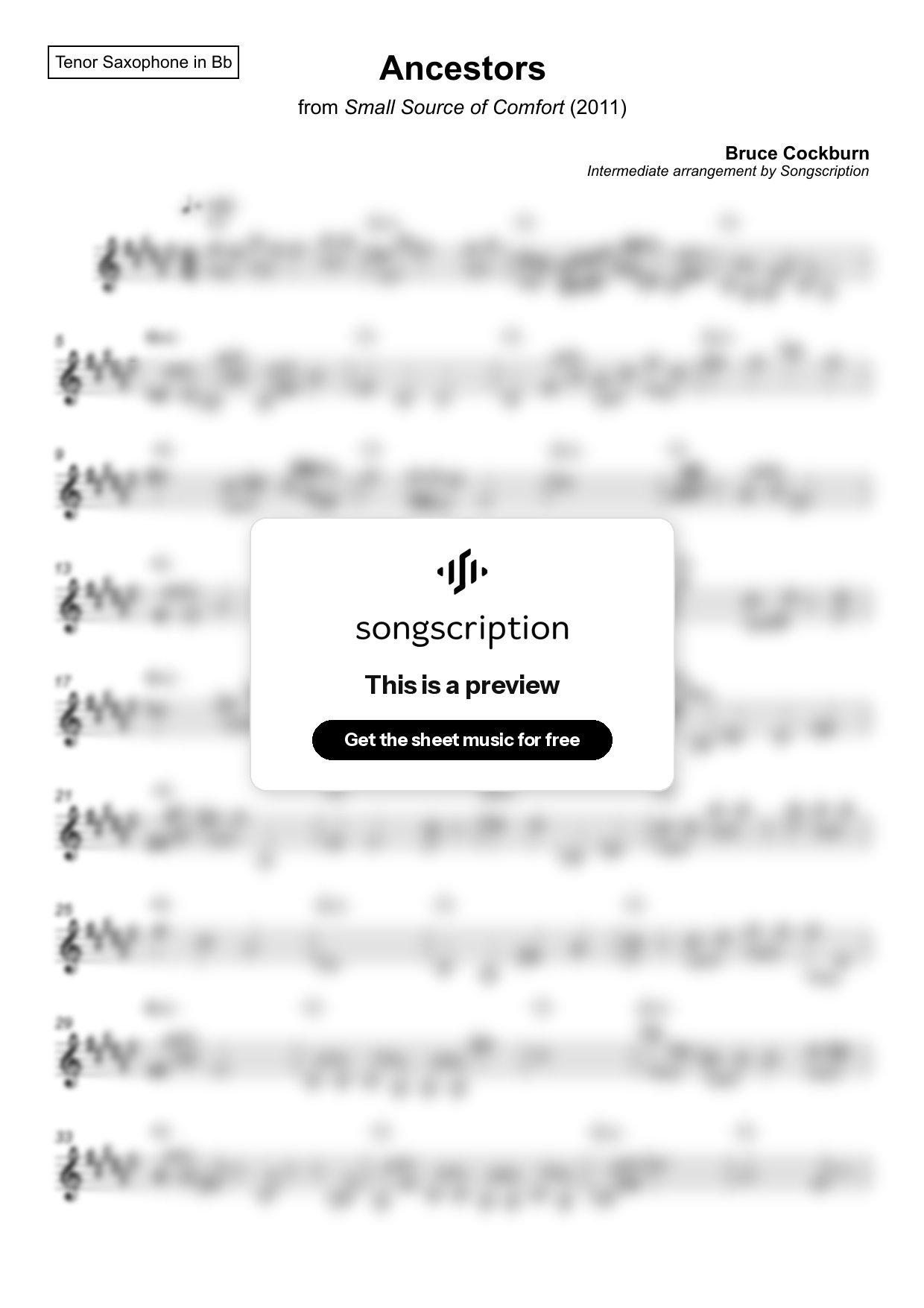 Intermediate Tenor Sax Sheet Music for "Ancestors" by Bruce Cockburn
