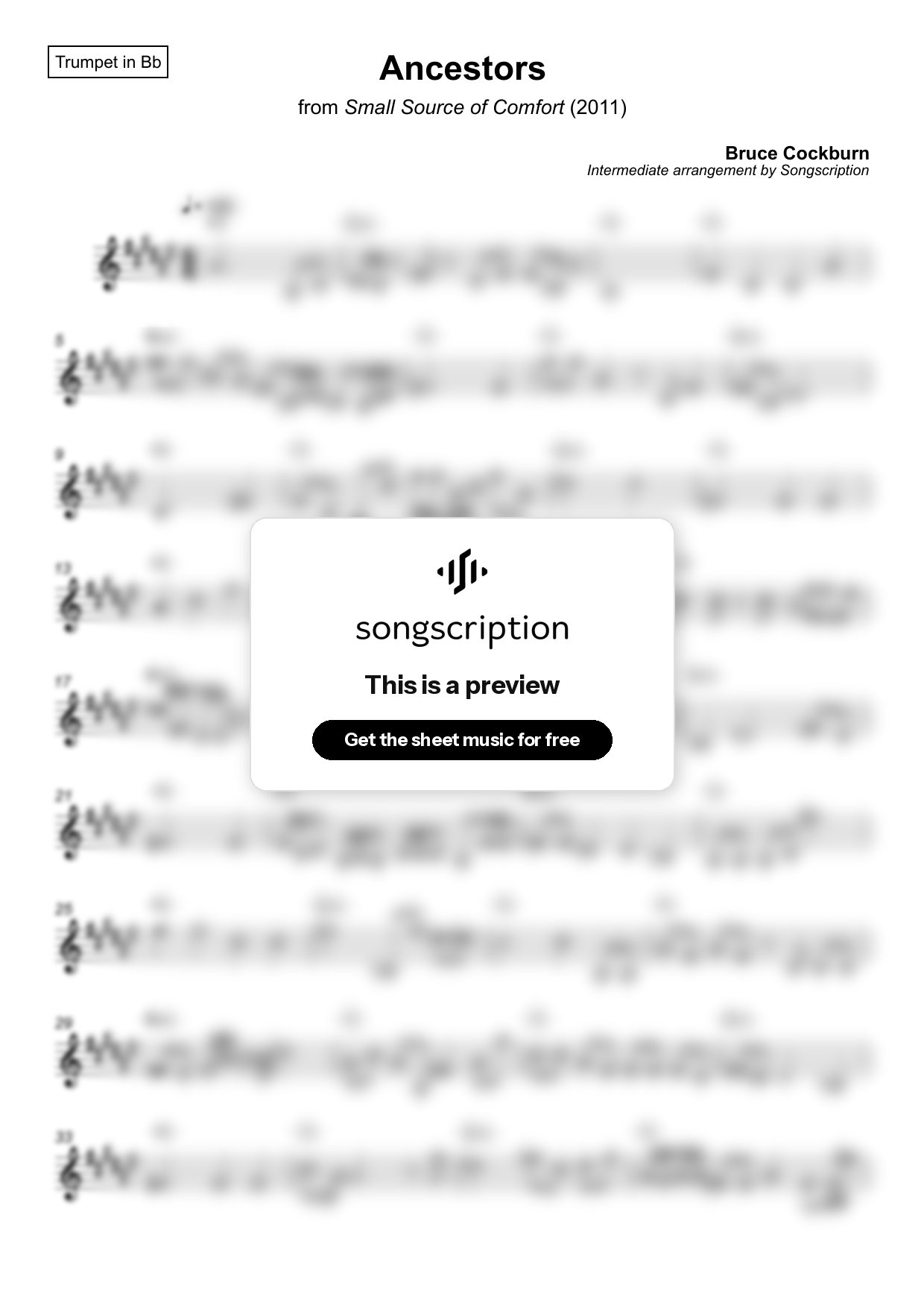 Intermediate Trumpet Sheet Music for "Ancestors" by Bruce Cockburn