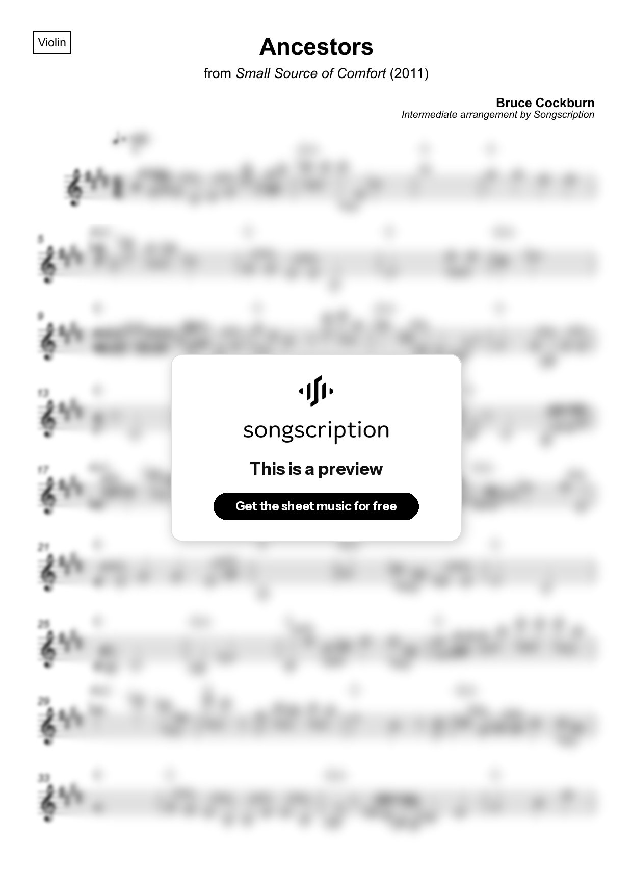 Intermediate Violin Sheet Music for "Ancestors" by Bruce Cockburn