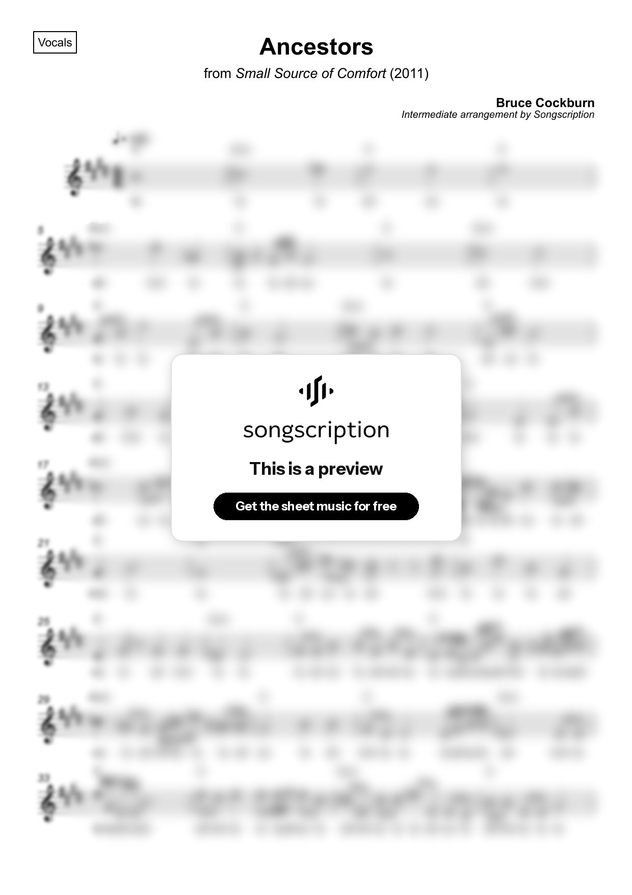 Intermediate Vocals Sheet Music for "Ancestors" by Bruce Cockburn