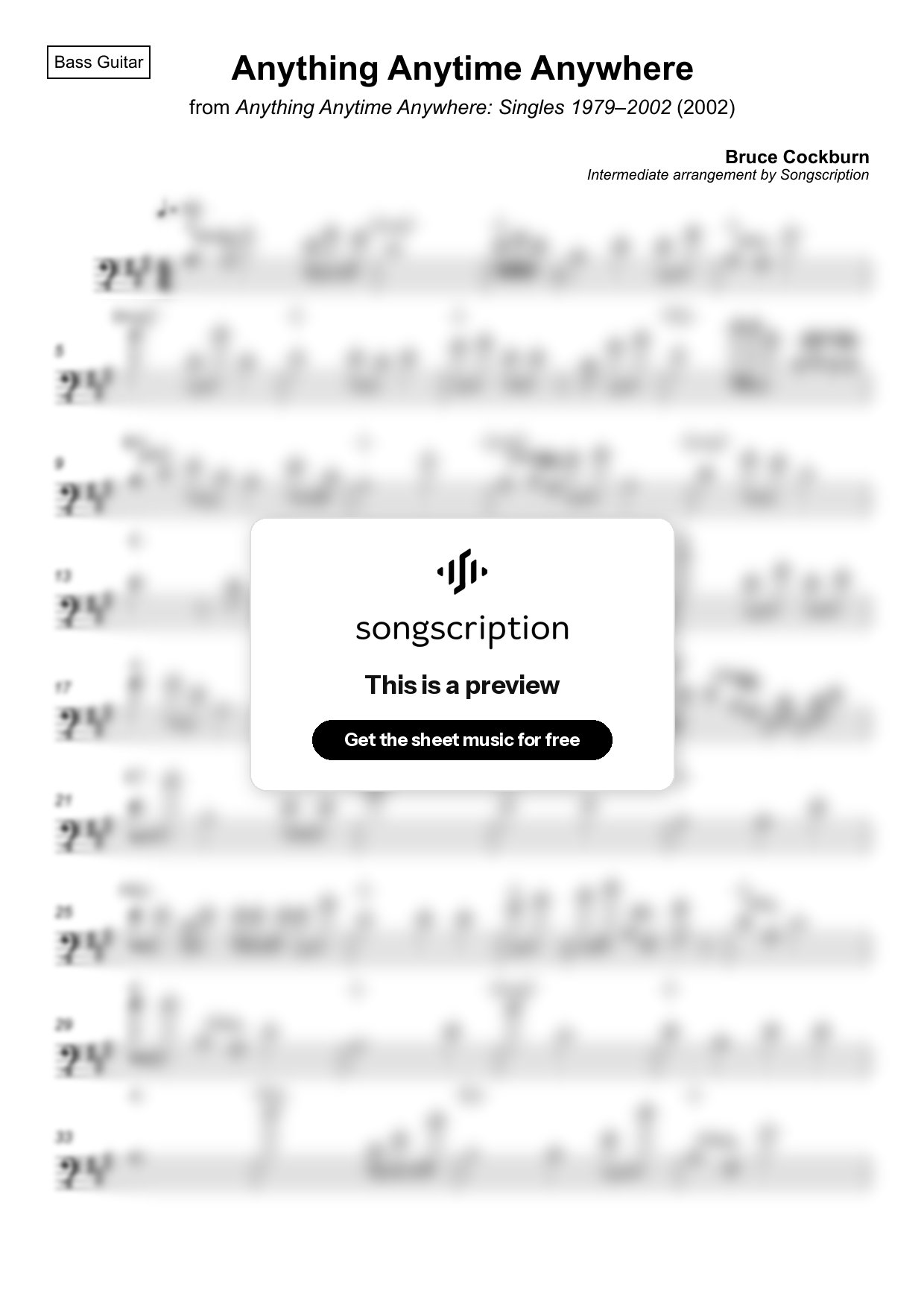 Intermediate Bass Guitar Sheet Music for "Anything Anytime Anywhere" by Bruce Cockburn