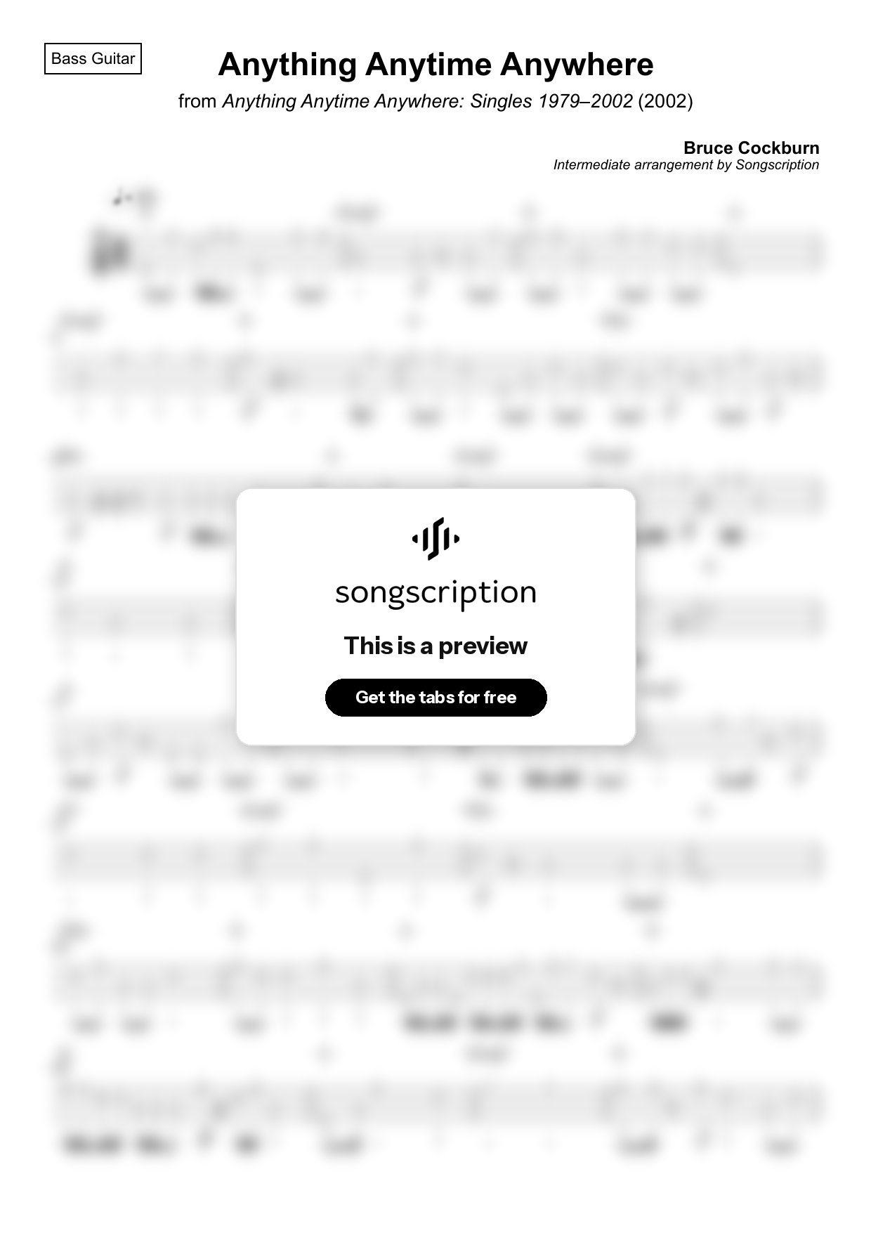 Intermediate Bass Guitar Tabs for "Anything Anytime Anywhere" by Bruce Cockburn