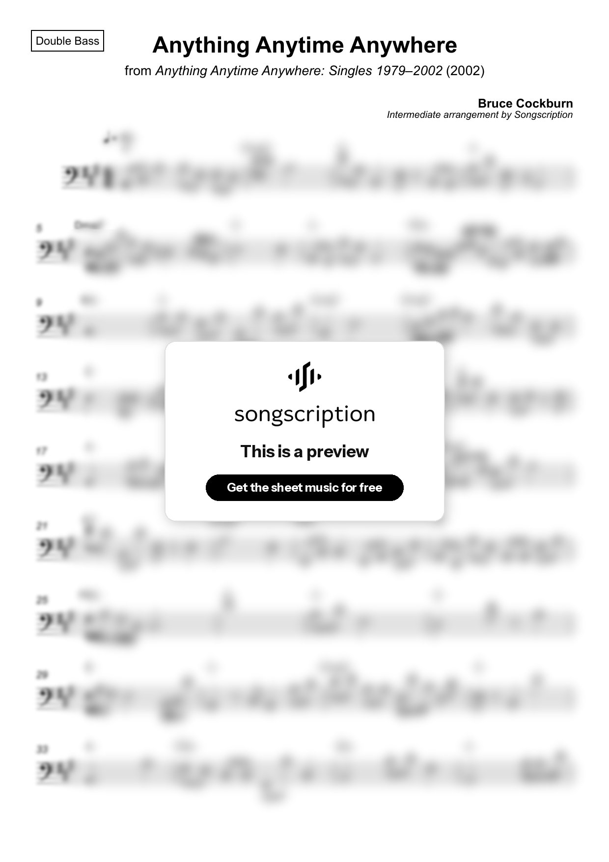 Intermediate Double Bass Sheet Music for "Anything Anytime Anywhere" by Bruce Cockburn