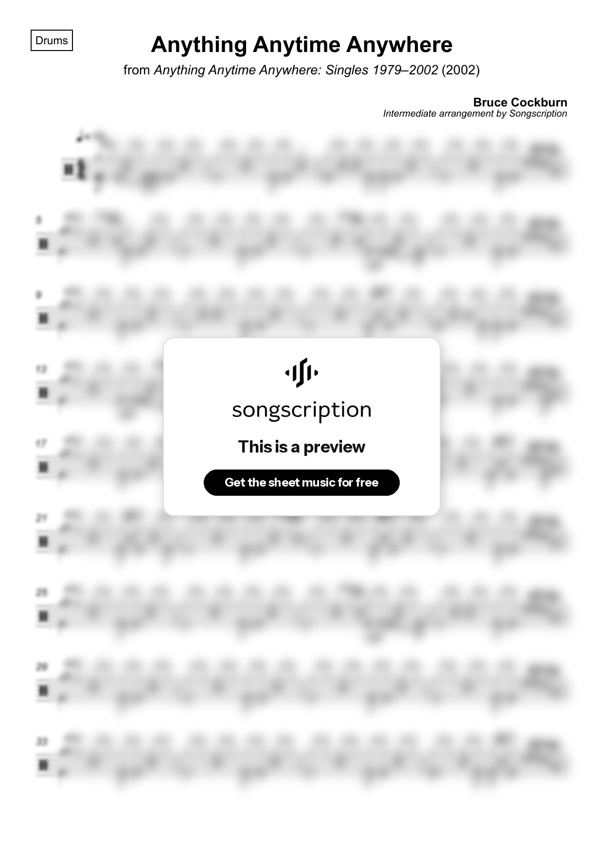 Intermediate Drums Sheet Music for "Anything Anytime Anywhere" by Bruce Cockburn