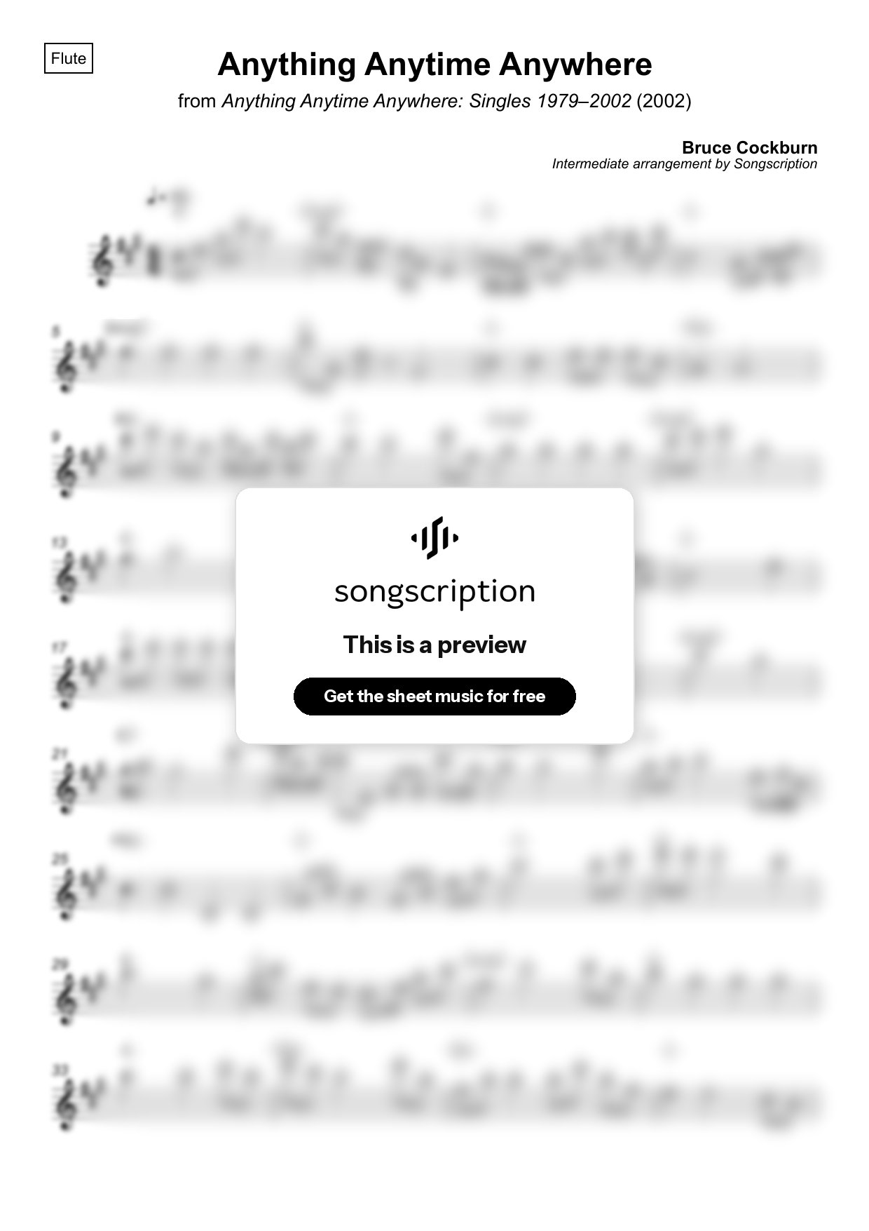 Intermediate Flute Sheet Music for "Anything Anytime Anywhere" by Bruce Cockburn