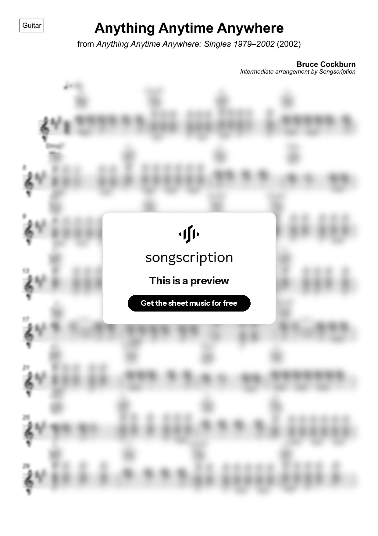 Intermediate Acoustic Guitar Sheet Music for "Anything Anytime Anywhere" by Bruce Cockburn