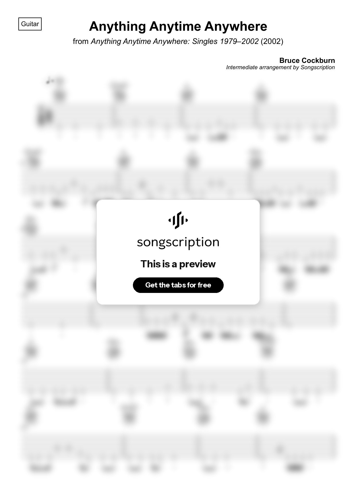 Intermediate Acoustic Guitar Tabs for "Anything Anytime Anywhere" by Bruce Cockburn