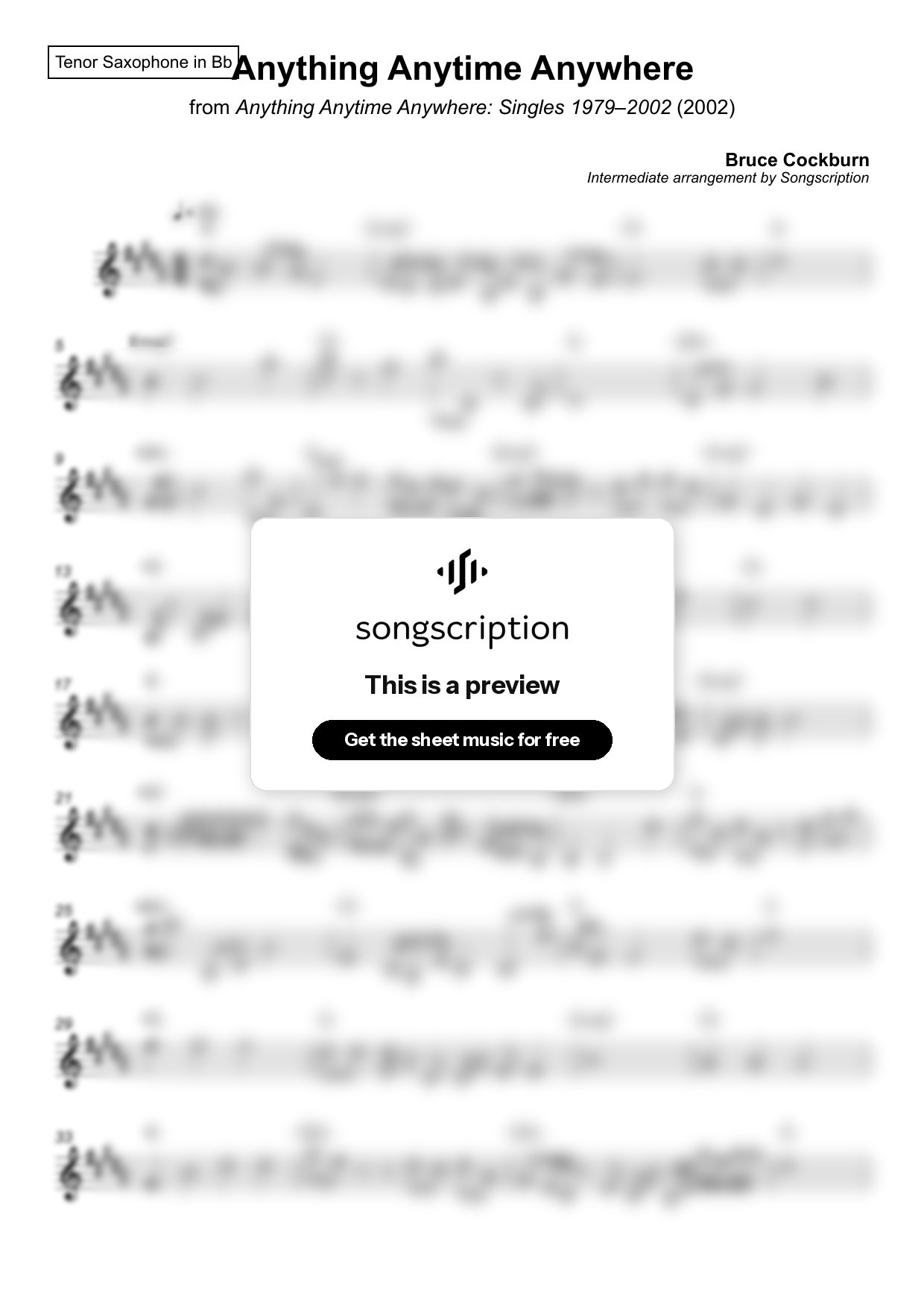 Intermediate Tenor Sax Sheet Music for "Anything Anytime Anywhere" by Bruce Cockburn
