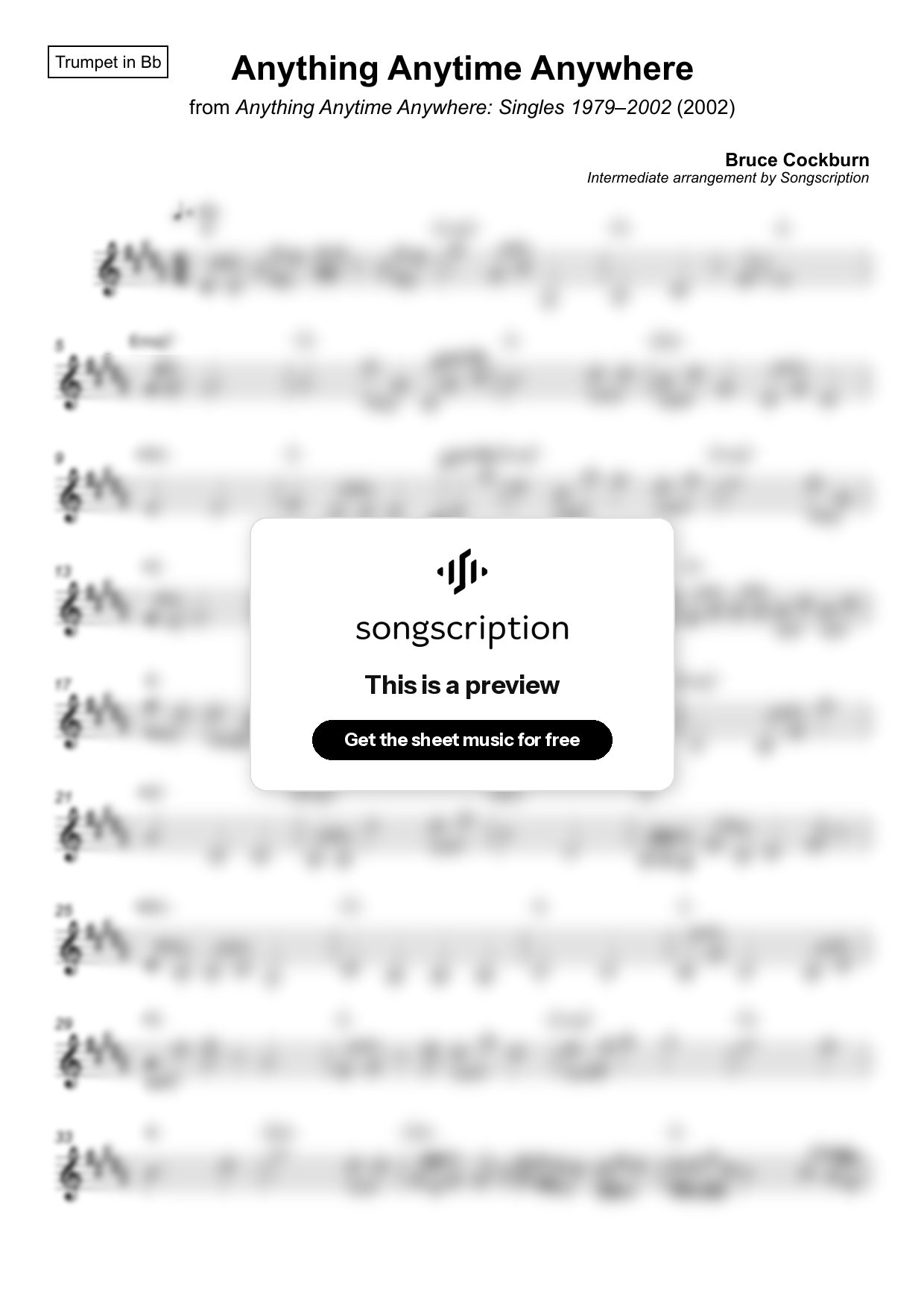 Intermediate Trumpet Sheet Music for "Anything Anytime Anywhere" by Bruce Cockburn