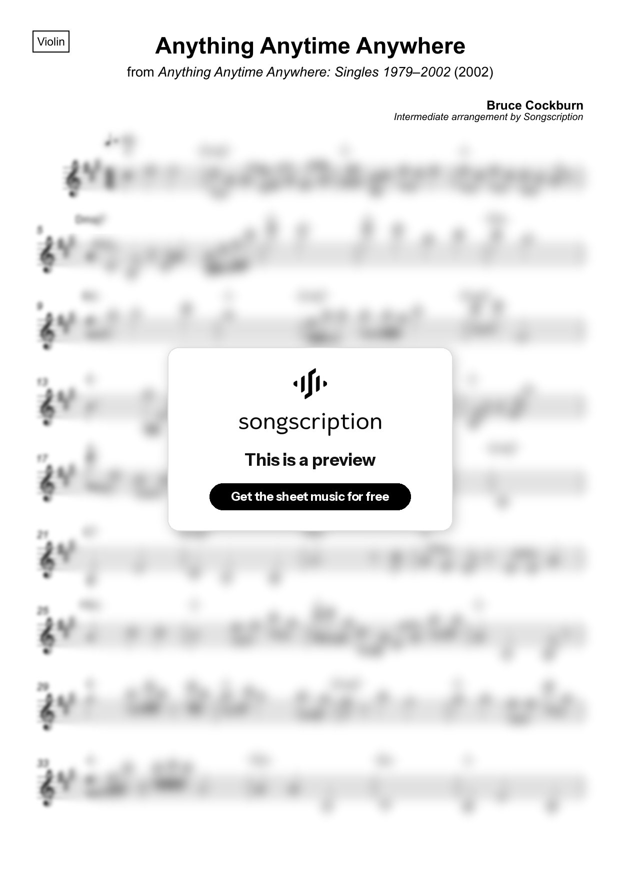 Intermediate Violin Sheet Music for "Anything Anytime Anywhere" by Bruce Cockburn
