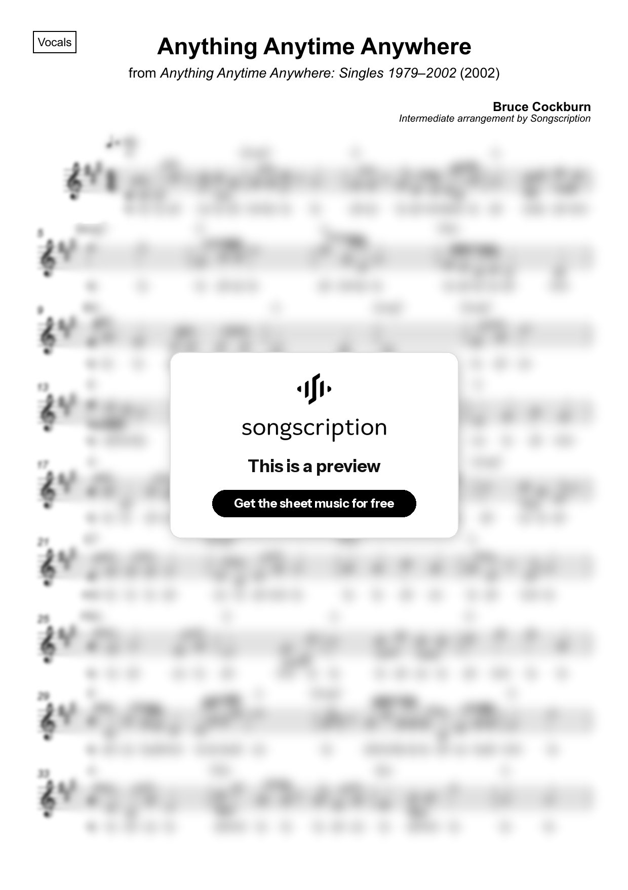 Intermediate Vocals Sheet Music for "Anything Anytime Anywhere" by Bruce Cockburn