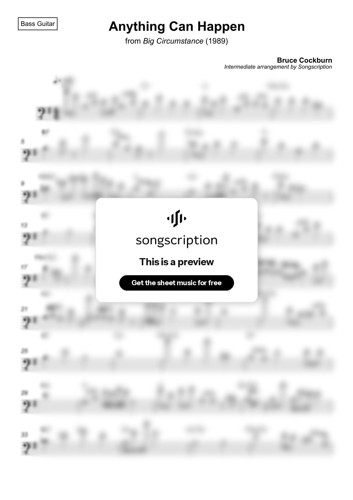 Intermediate Bass Guitar Sheet Music for "Anything Can Happen" by Bruce Cockburn