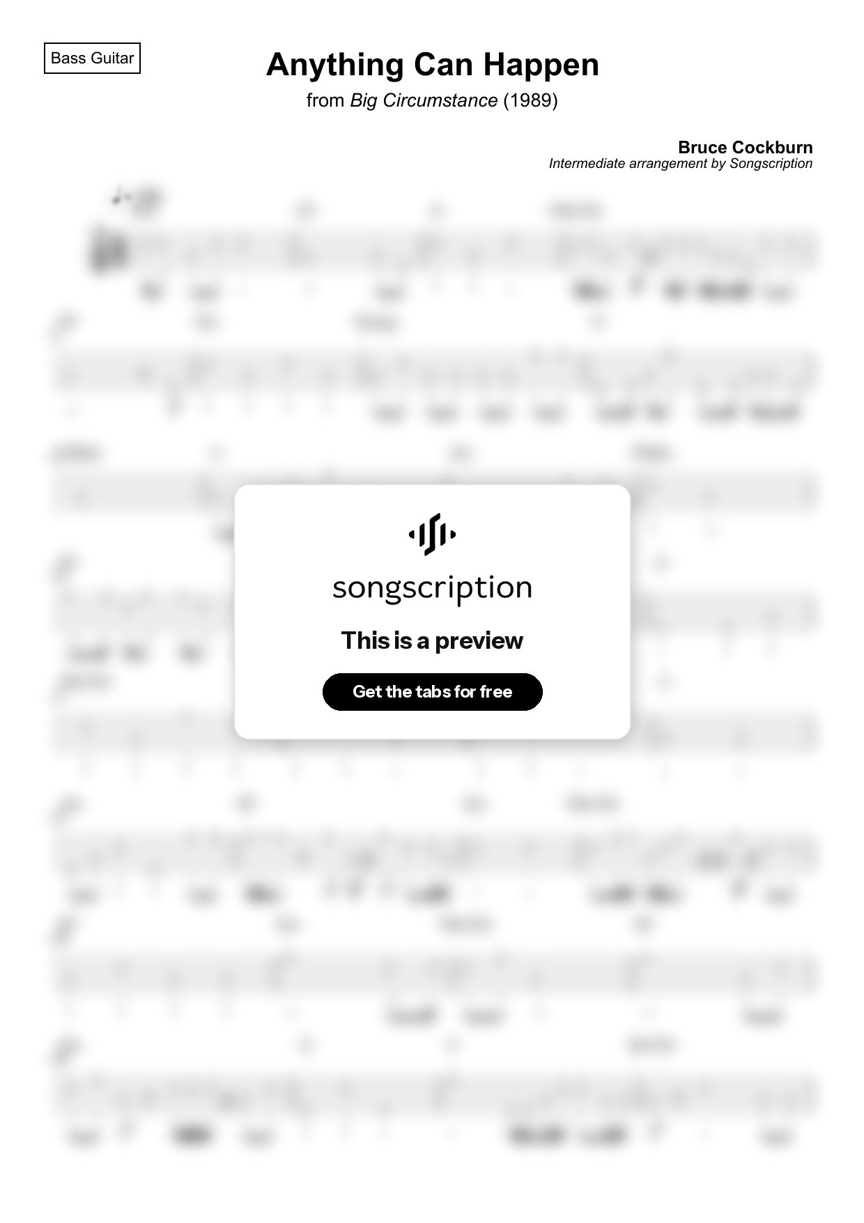 Intermediate Bass Guitar Tabs for "Anything Can Happen" by Bruce Cockburn