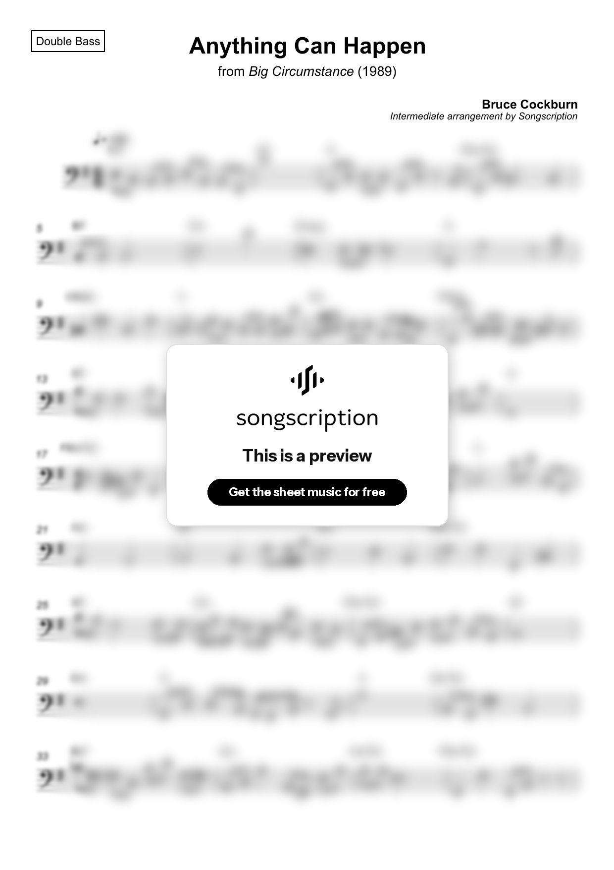 Intermediate Double Bass Sheet Music for "Anything Can Happen" by Bruce Cockburn