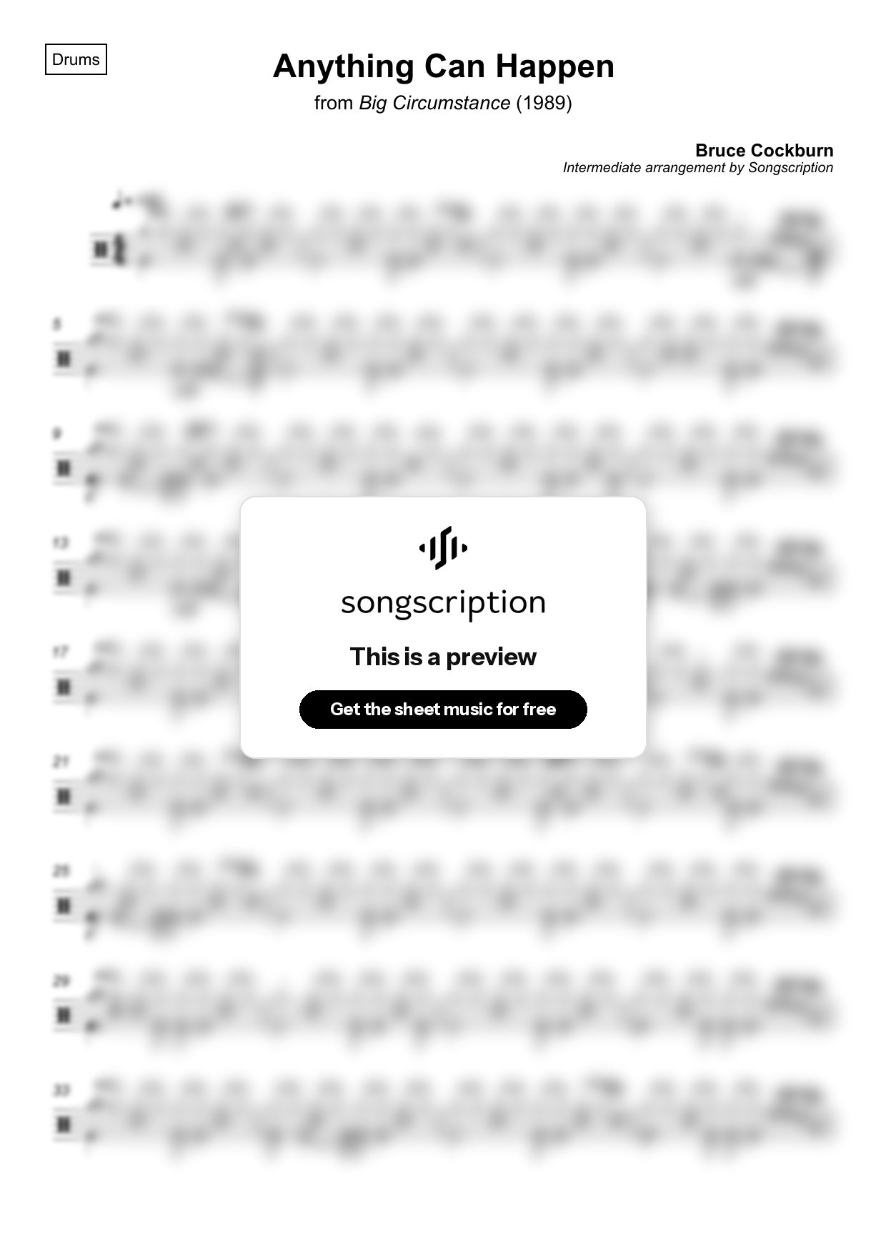 Intermediate Drums Sheet Music for "Anything Can Happen" by Bruce Cockburn