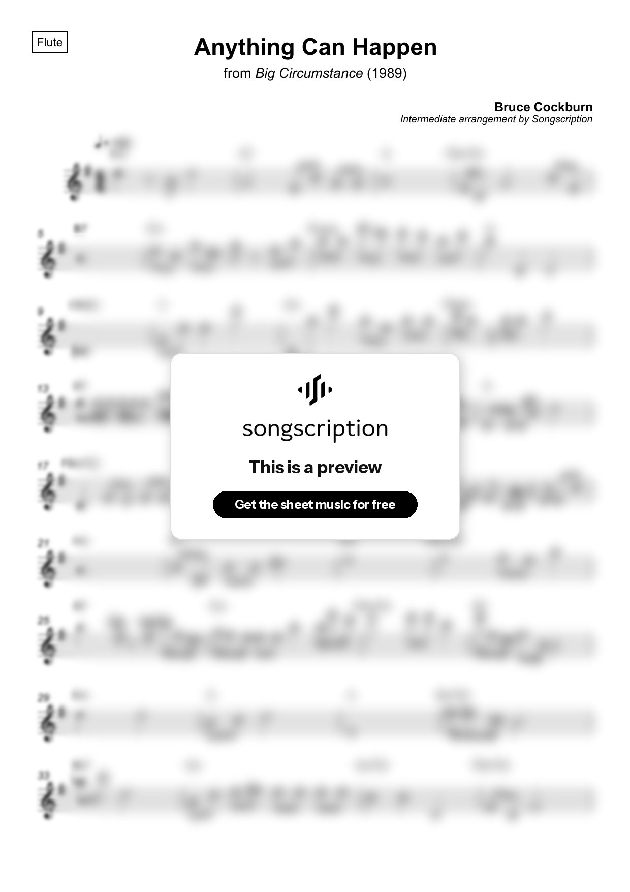 Intermediate Flute Sheet Music for "Anything Can Happen" by Bruce Cockburn