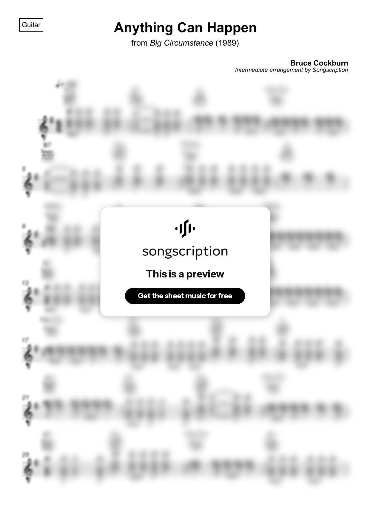 Intermediate Acoustic Guitar Sheet Music for "Anything Can Happen" by Bruce Cockburn