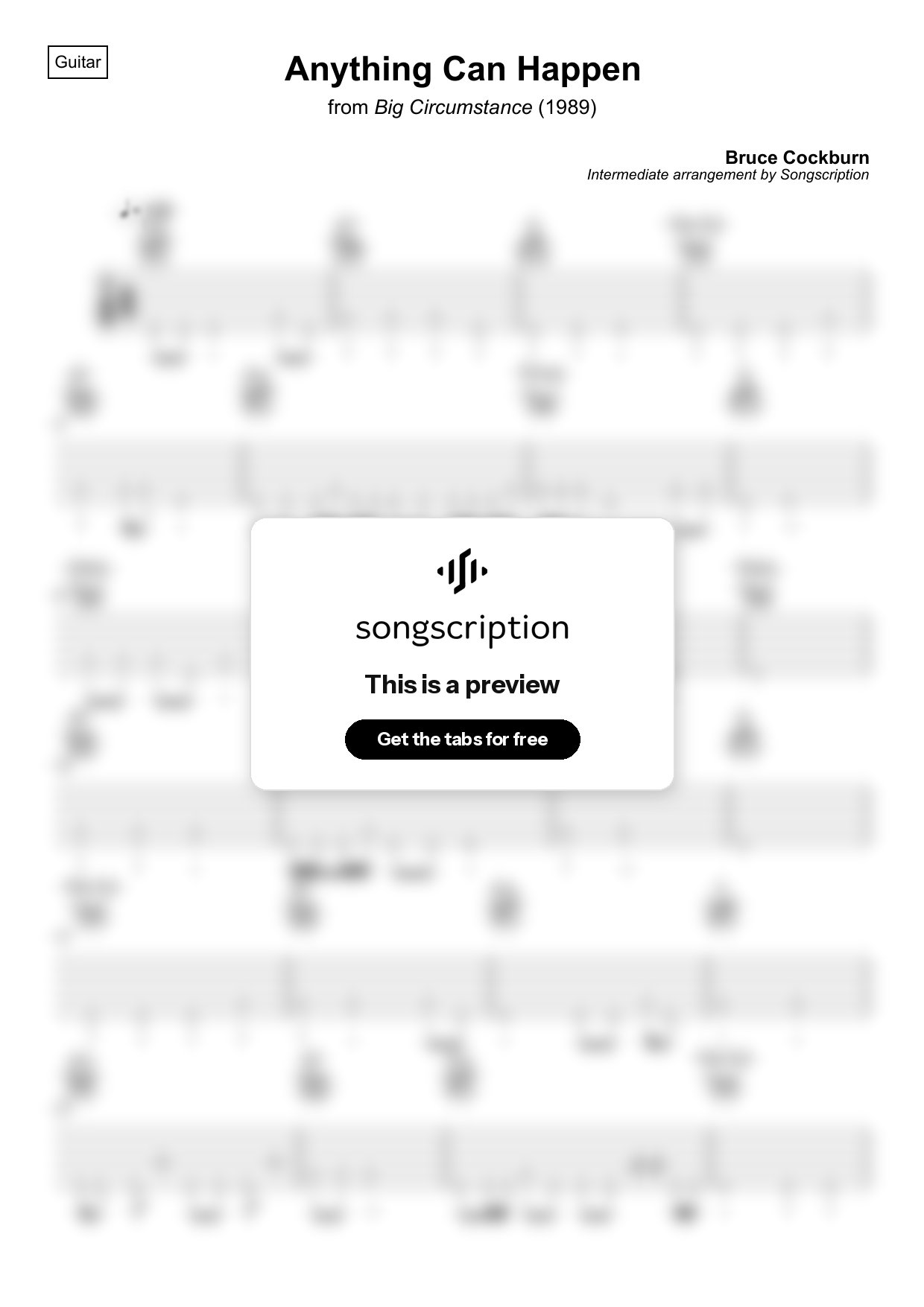 Intermediate Acoustic Guitar Tabs for "Anything Can Happen" by Bruce Cockburn