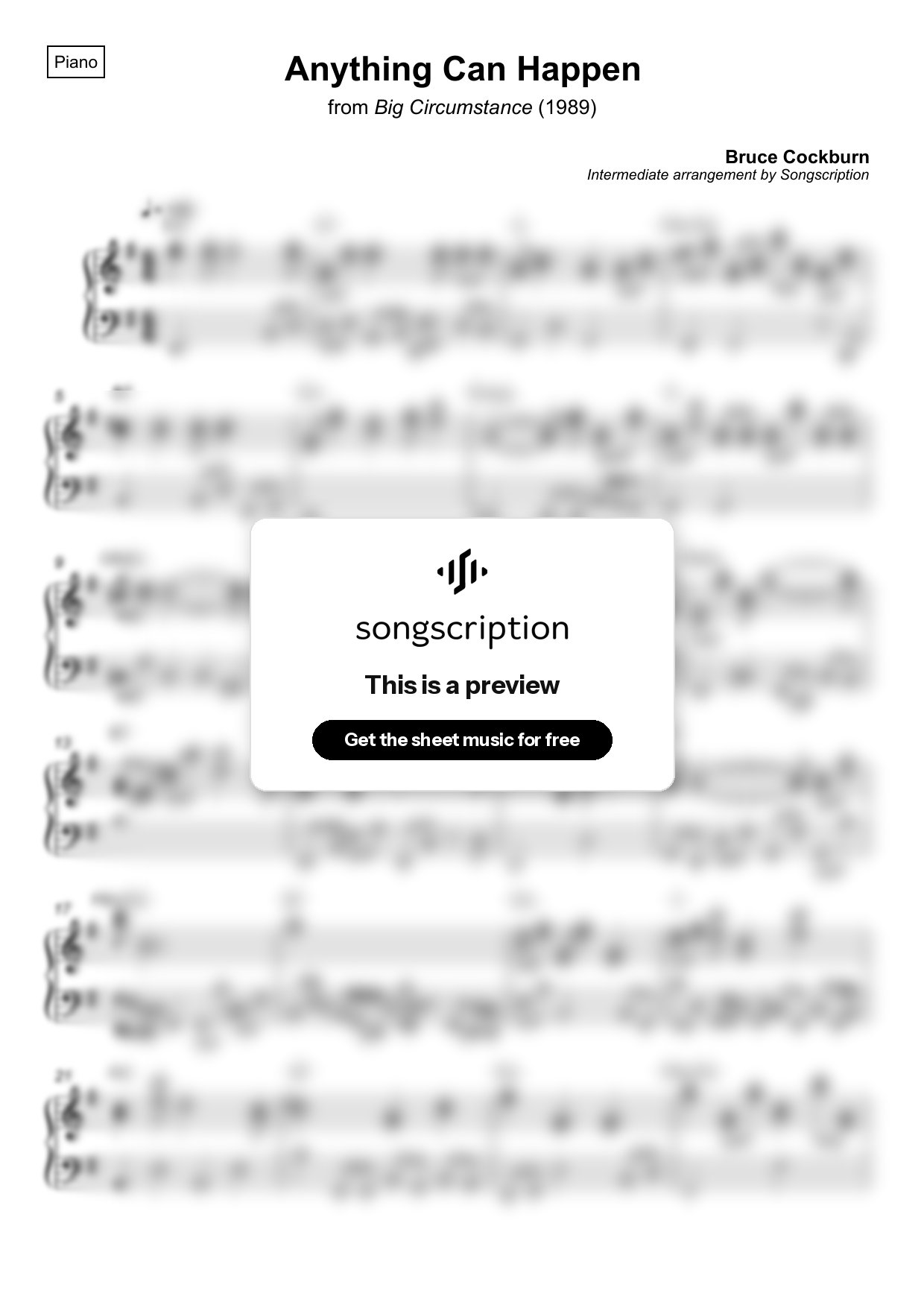 Intermediate Piano Sheet Music for "Anything Can Happen" by Bruce Cockburn