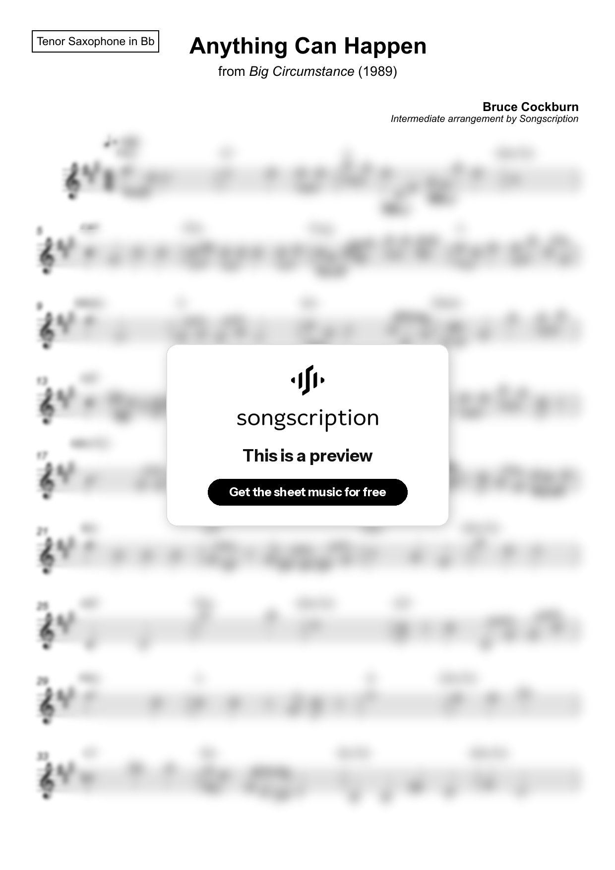 Intermediate Tenor Sax Sheet Music for "Anything Can Happen" by Bruce Cockburn