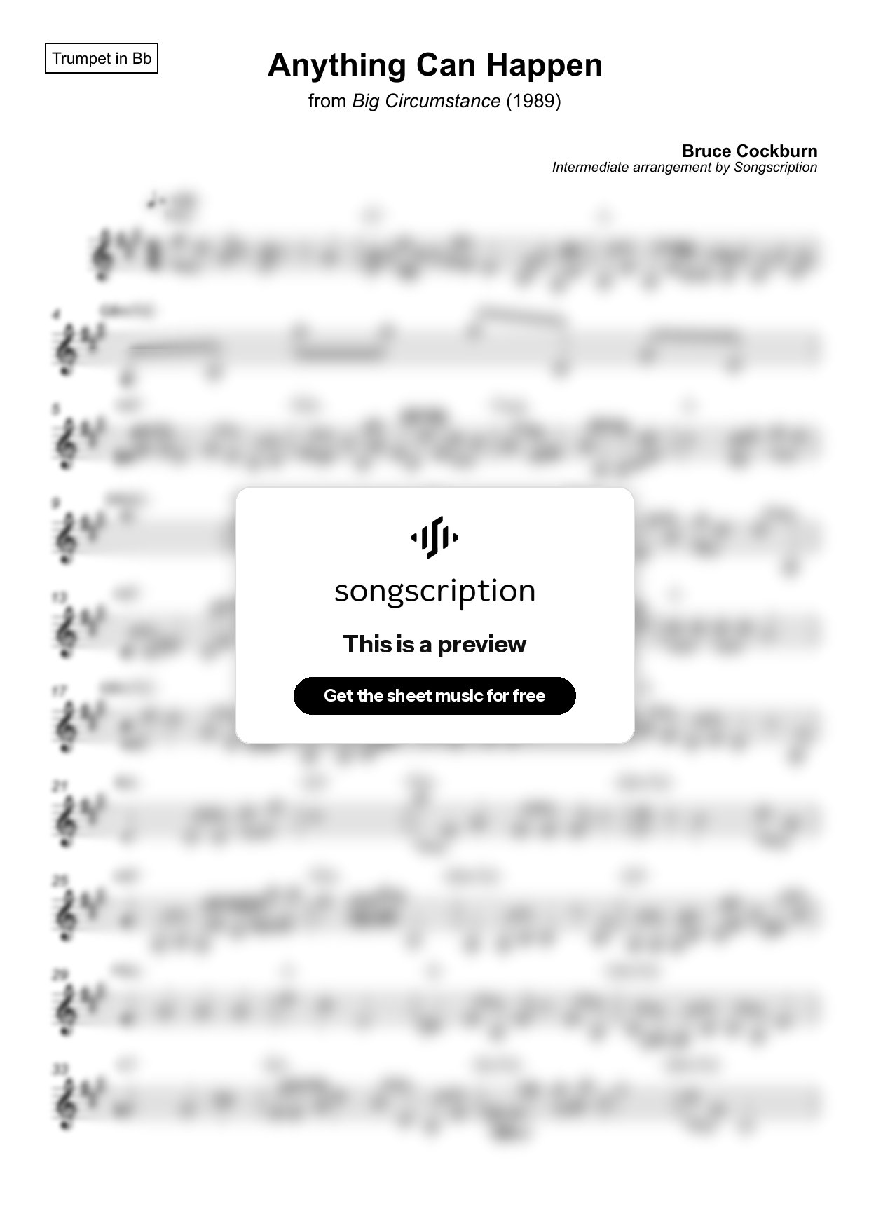 Intermediate Trumpet Sheet Music for "Anything Can Happen" by Bruce Cockburn