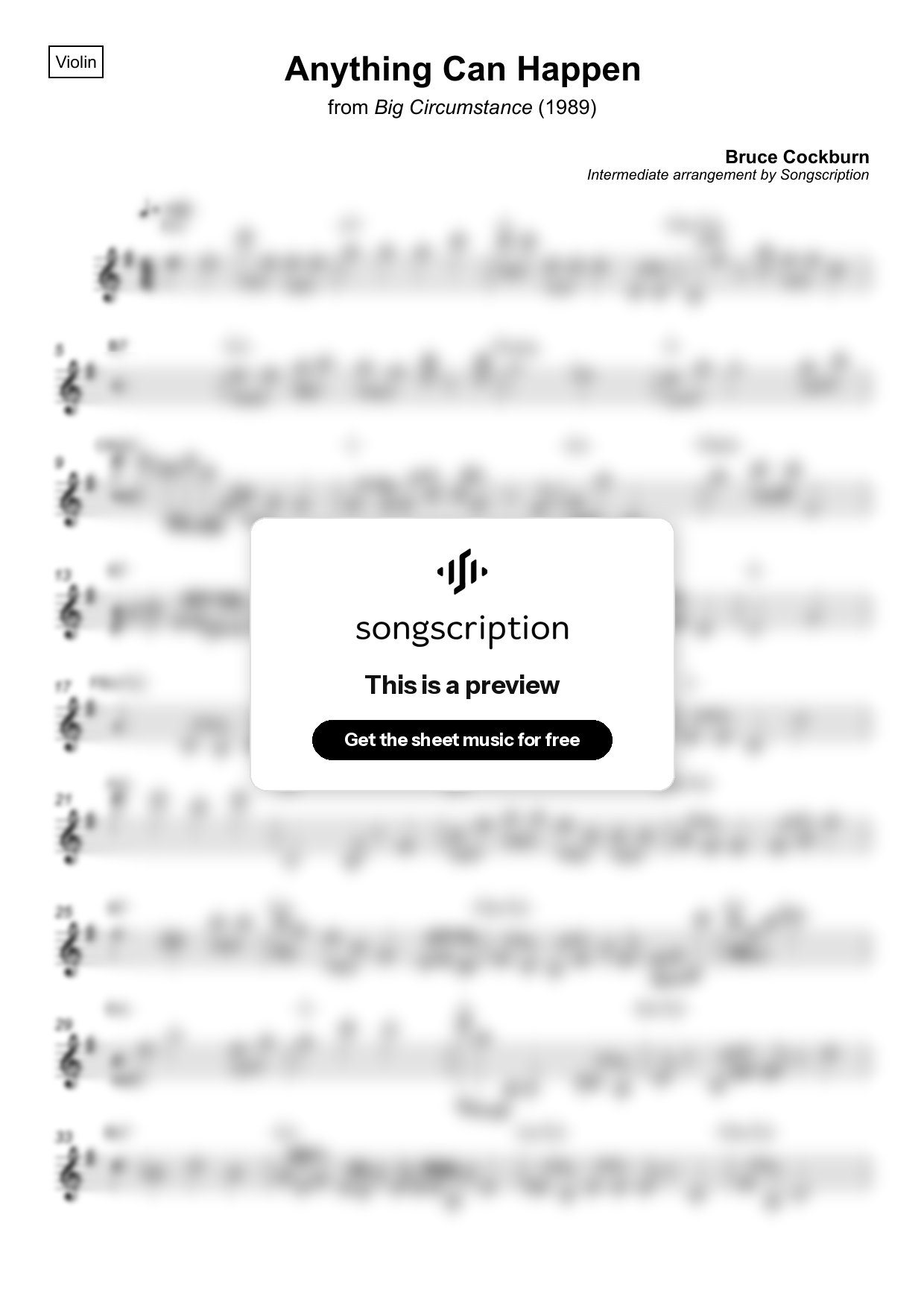 Intermediate Violin Sheet Music for "Anything Can Happen" by Bruce Cockburn
