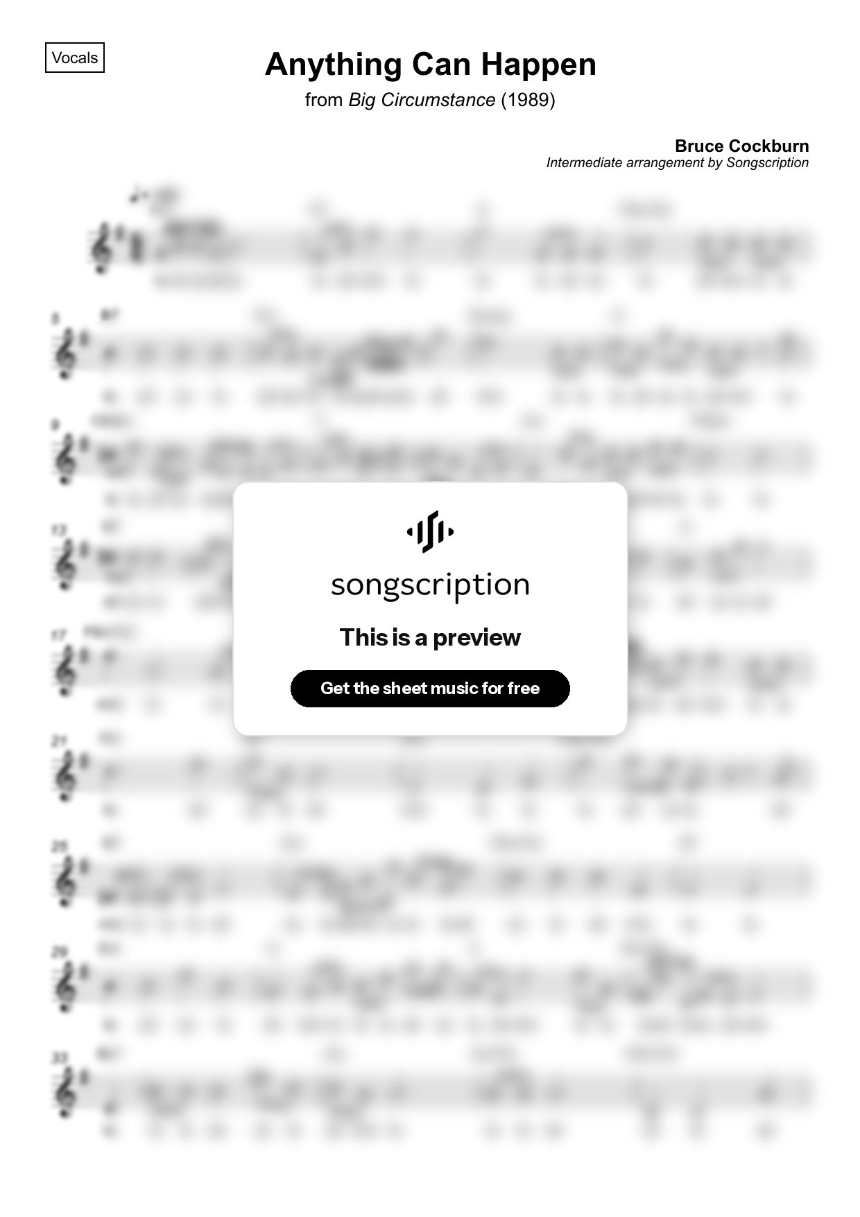 Intermediate Vocals Sheet Music for "Anything Can Happen" by Bruce Cockburn