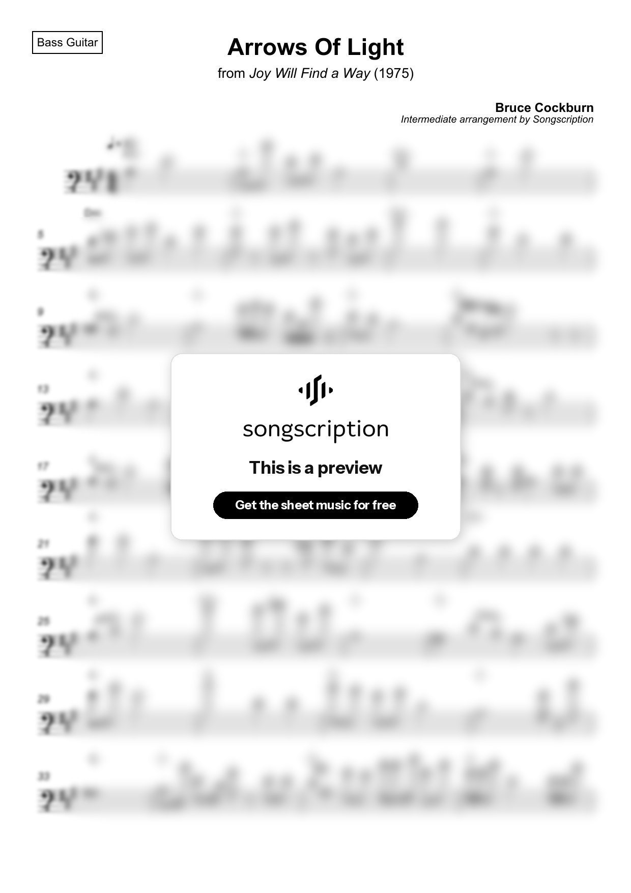 Intermediate Bass Guitar Sheet Music for "Arrows Of Light" by Bruce Cockburn